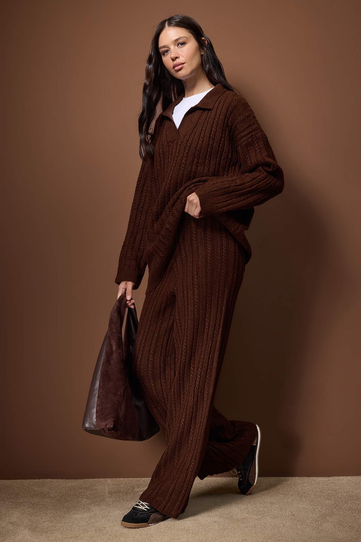 Trendyolmilla Modest Kahverengi Polo Yaka Saç Örgü Triko Alt - Üst Takım TCTAW26US00073