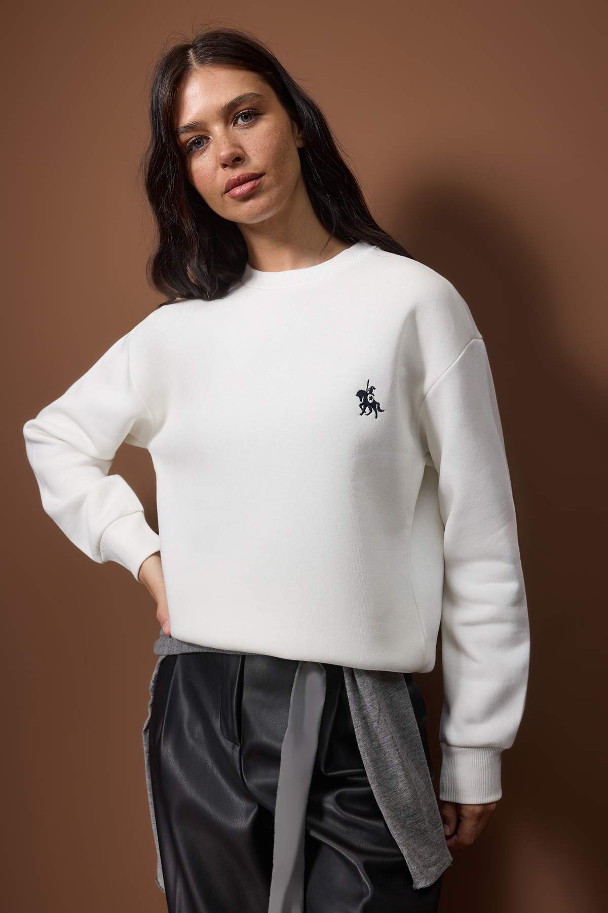 Trendyolmilla  Ekru Kalın İçi Polarlı Regular/Normal Kalıp Nakışlı Örme Sweatshirt TWOAW26SW00253