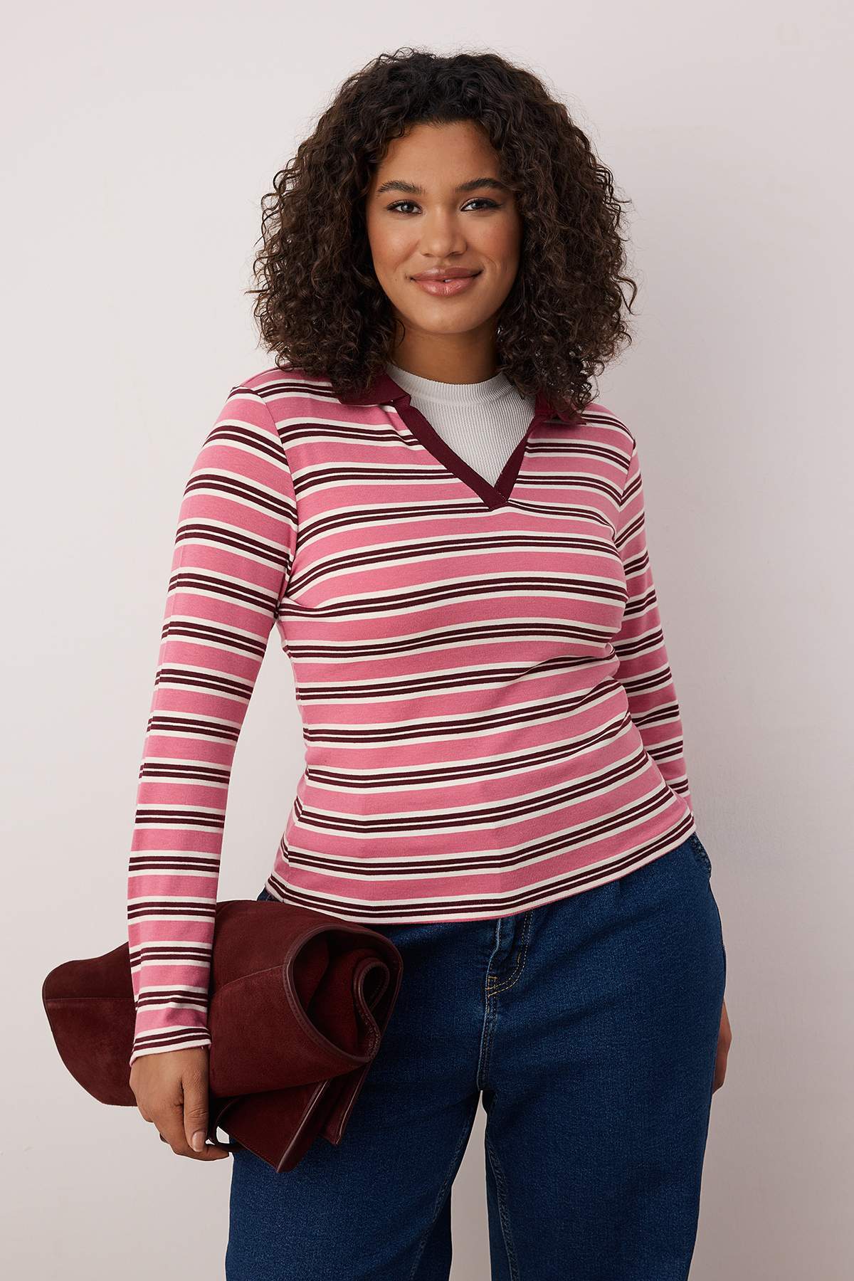 Trendyolmilla Curve Teen Pembe Polo Yaka Çizgili Ribana Örme Büyük Beden Bluz TBBAW26AF00120