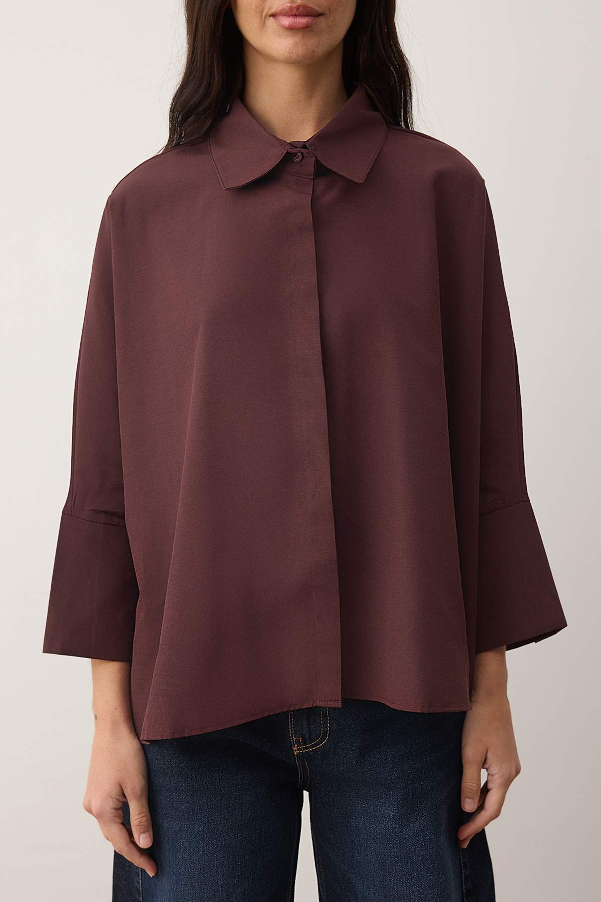 Trendyolmilla  Mürdüm Geniş Manşetli Oversize Dokuma Gömlek TWOAW26GO00130 - Görsel 3