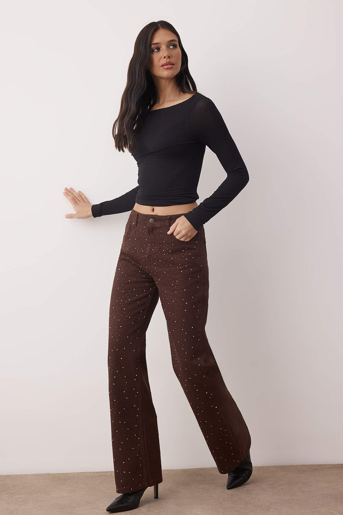 Trendyolmilla  Kahverengi Taşlı Yüksek Bel Wide Leg Jeans TWOAW23JE00442 - Görsel 2