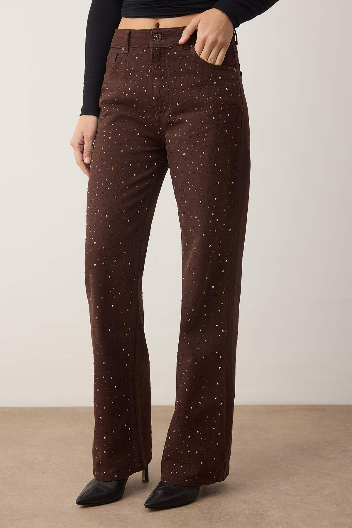 Trendyolmilla  Kahverengi Taşlı Yüksek Bel Wide Leg Jeans TWOAW23JE00442 - Görsel 3