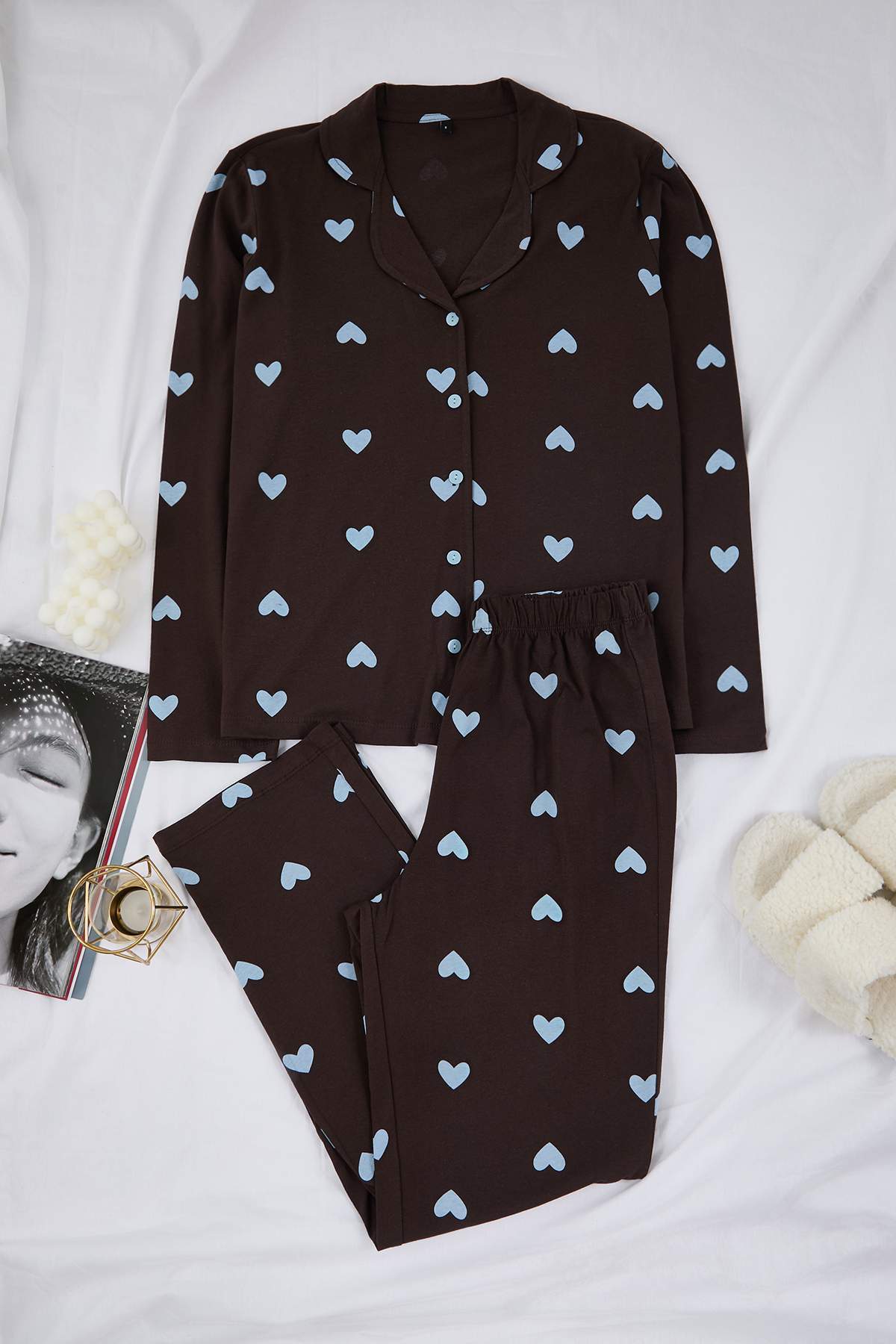 Trendyolmilla  Kahverengi-Mavi %100 Pamuklu Kalp Desenli Örme Pijama Takımı THMAW21PT0548 - Görsel 5