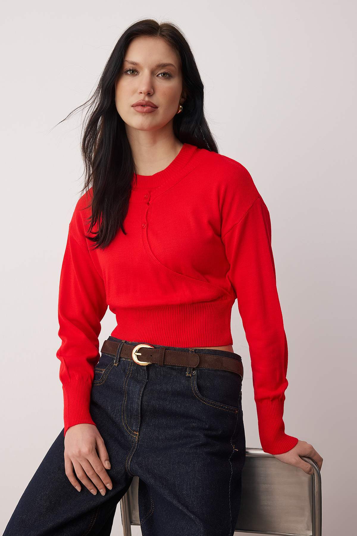 Trendyolmilla  Kırmızı Bisiklet Yaka Birleşik Bluz-Hırka Triko Kazak TWOAW26KZ00280 - Görsel 2