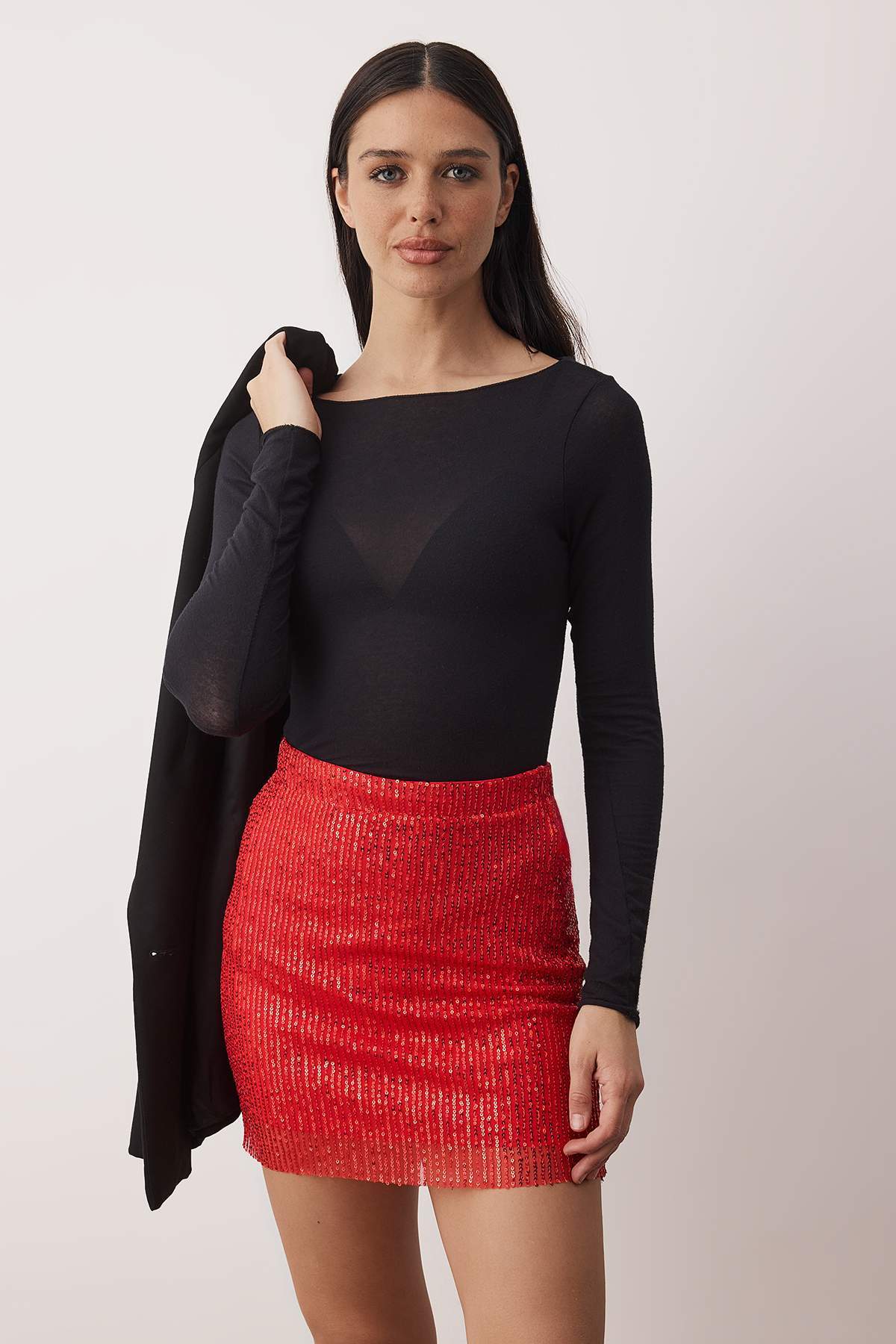 Trendyolmilla  Kırmızı Süper Mini Örme Payet Party Etek TPRAW26ET00021