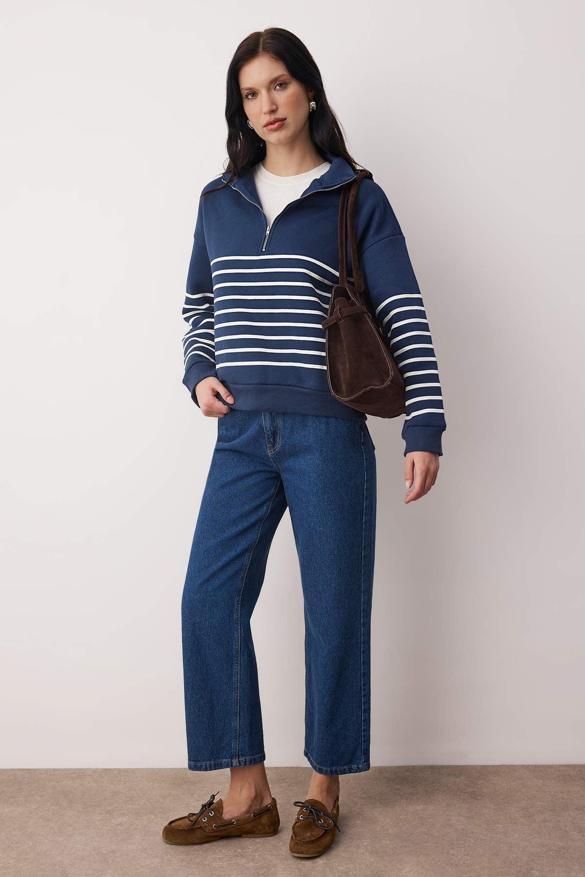 Trendyolmilla  Lacivert Çizgili Oversize/Geniş Kalıp Fermuarlı Kalın İçi Polarlı Örme Sweatshirt TWOAW26SW00044 - Görsel 2