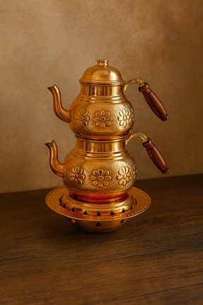 Sabit Bakırcılık Bakır El İşlemeli Isıtıcılı Çaydanlık