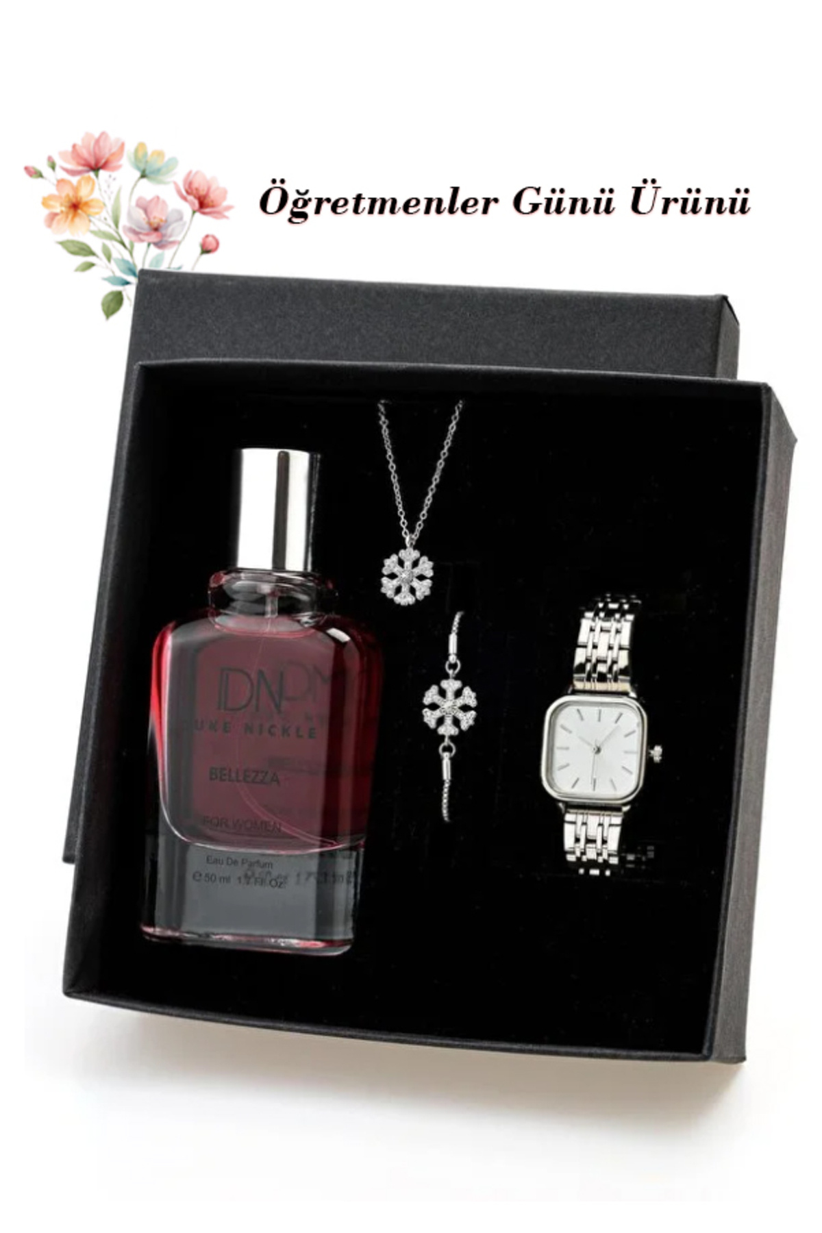 Duke Nickle Gümüş: Kadın Gümüş Lüks Hediye Seti, Kare Kol Saati, Parfüm ve Zirkon Taşlı Kolye-Bileklik