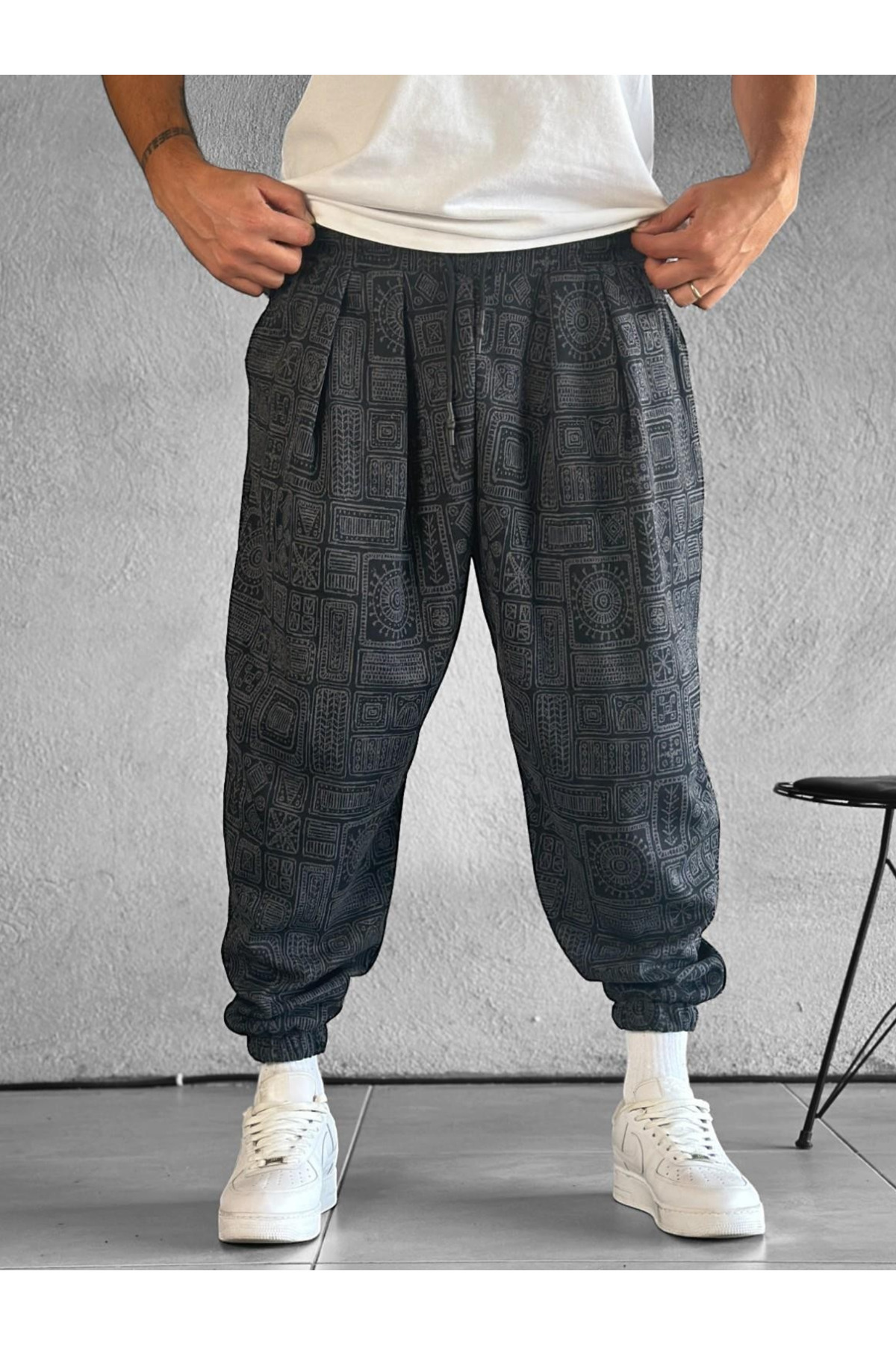 COCOPELLI  Erkek Gri Lahit Desenli Lazer Kesim Pileli Yarım Şalvar Pantolon COC2017 - Görsel 3