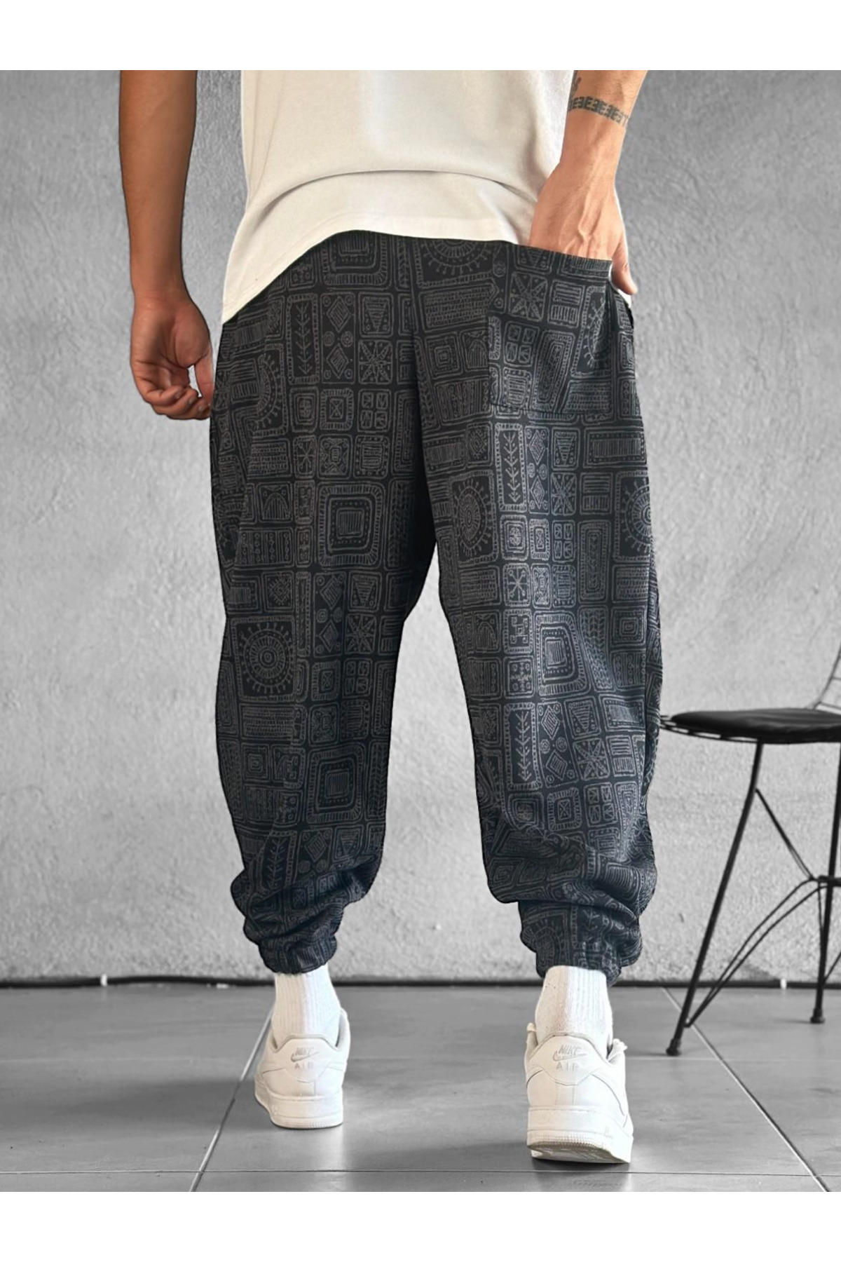 COCOPELLI  Erkek Gri Lahit Desenli Lazer Kesim Pileli Yarım Şalvar Pantolon COC2017 - Görsel 5