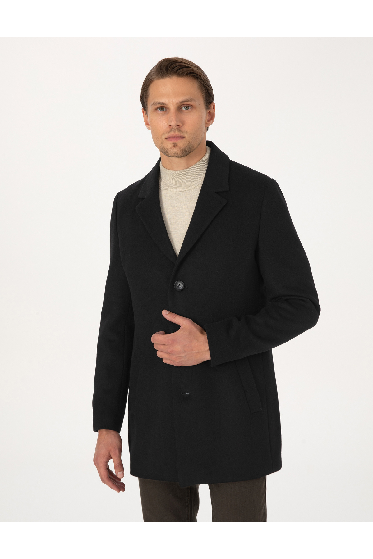 Pierre Cardin Siyah Ekstra Slim Fit Yün Karışımlı Kaşe Kaban 50297487-VR046