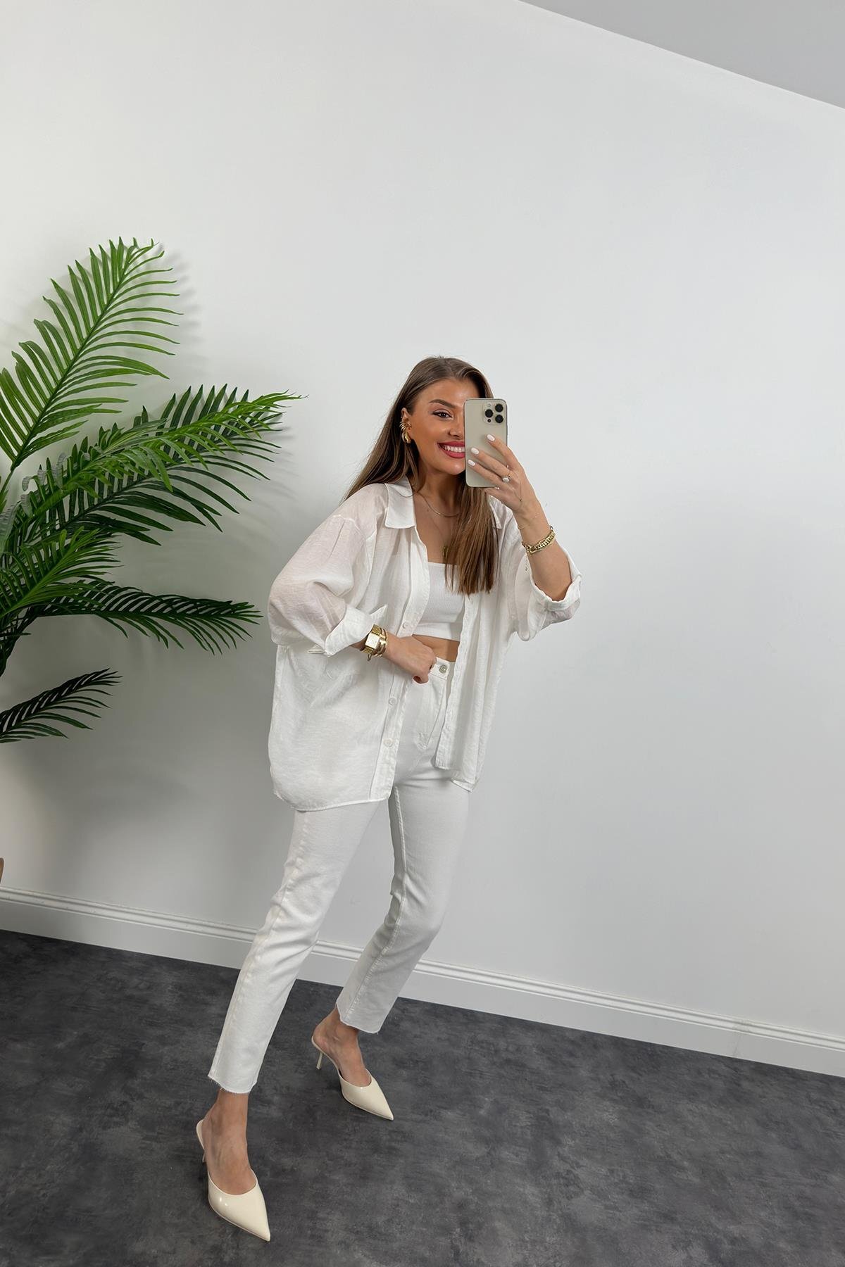 Lady Pixie Düşük Omuzlu Yazlık Kumaş Oversize Gömlek görsel 4
