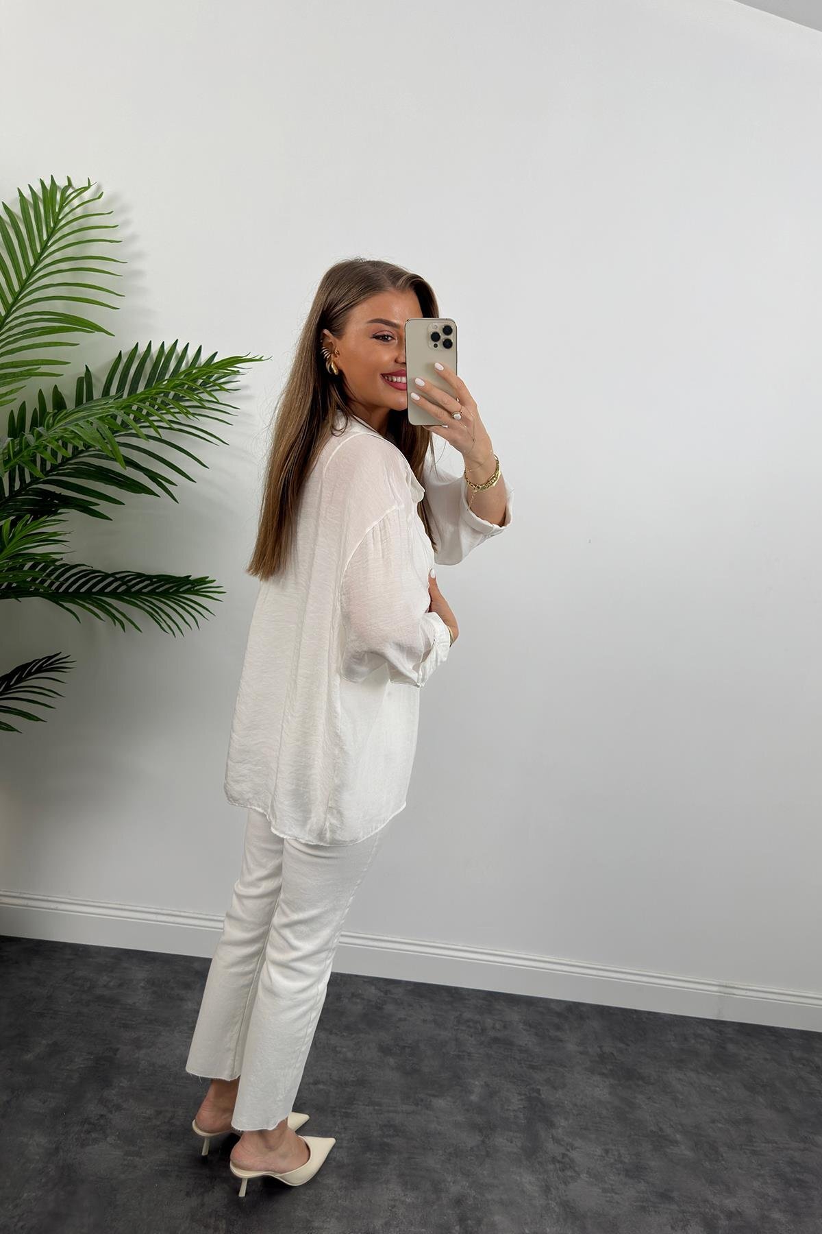 Lady Pixie Düşük Omuzlu Yazlık Kumaş Oversize Gömlek görsel 3