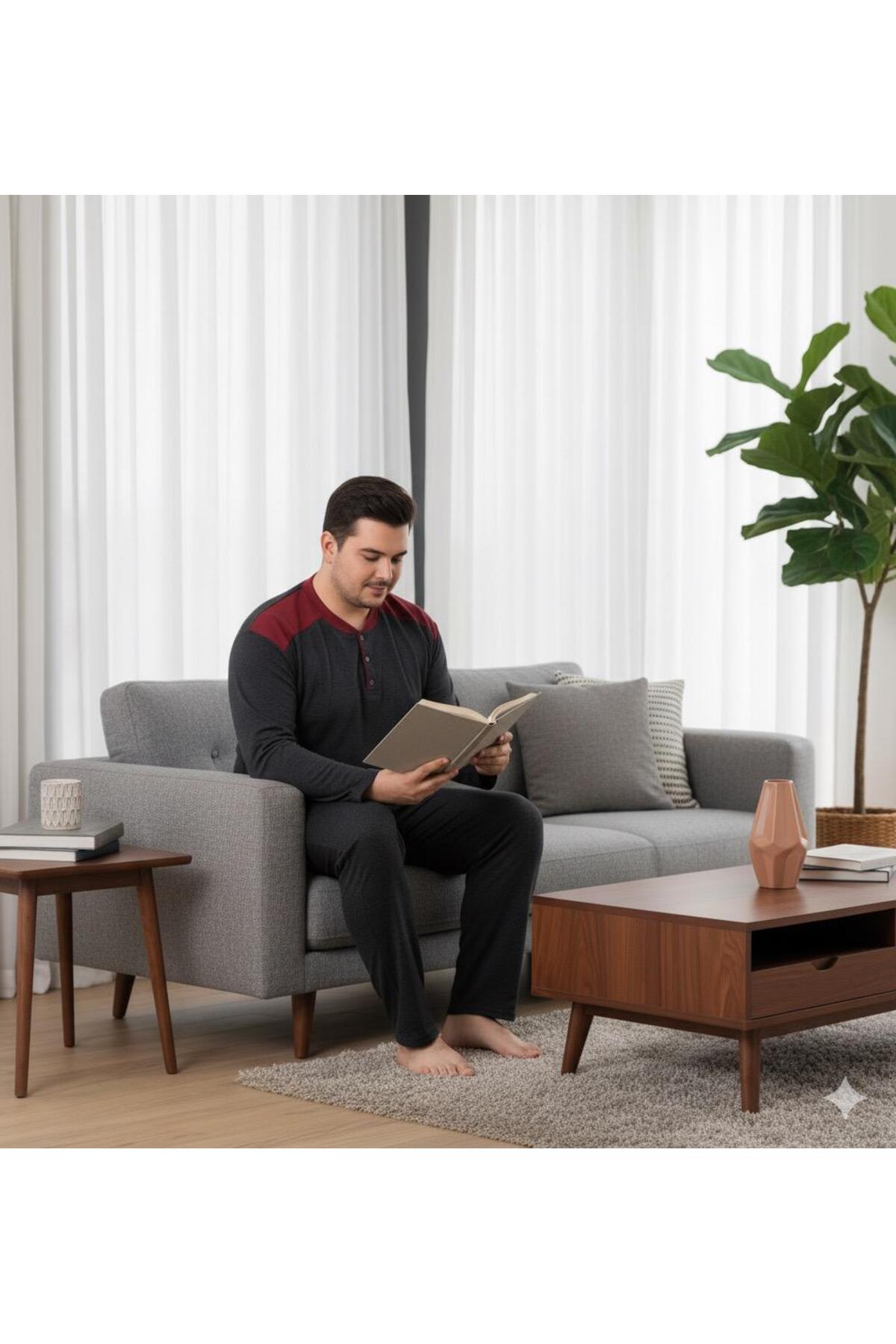 Sude HOMEWEAR Erkek Yarım Pat Düğmeli Uzun Kol Büyük Beden Pijama Takımı görsel 2