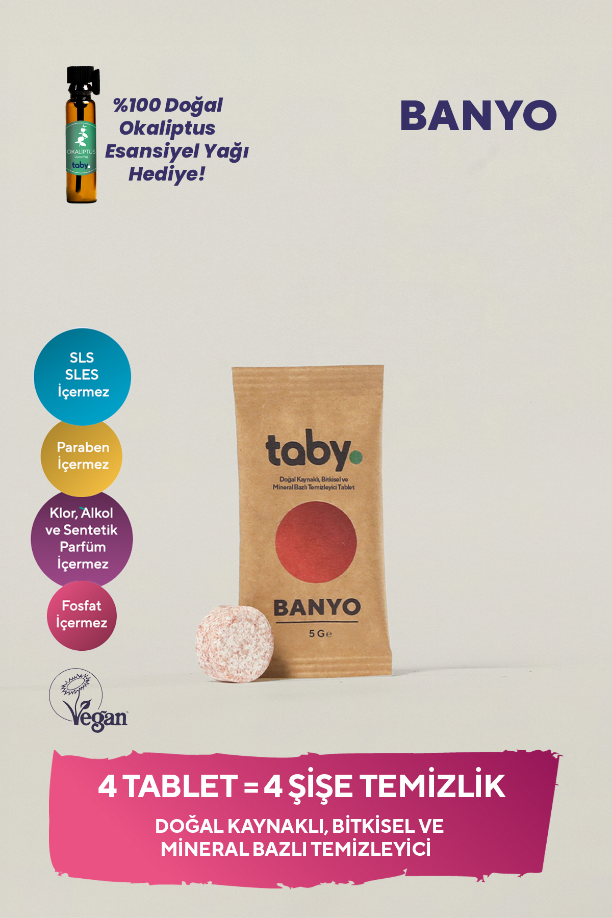 TABY Doğal Kaynaklı Bitkisel ve Mineral Bazlı Banyo Temizleyici Tablet 4 Tablet - Kireç Sökücü