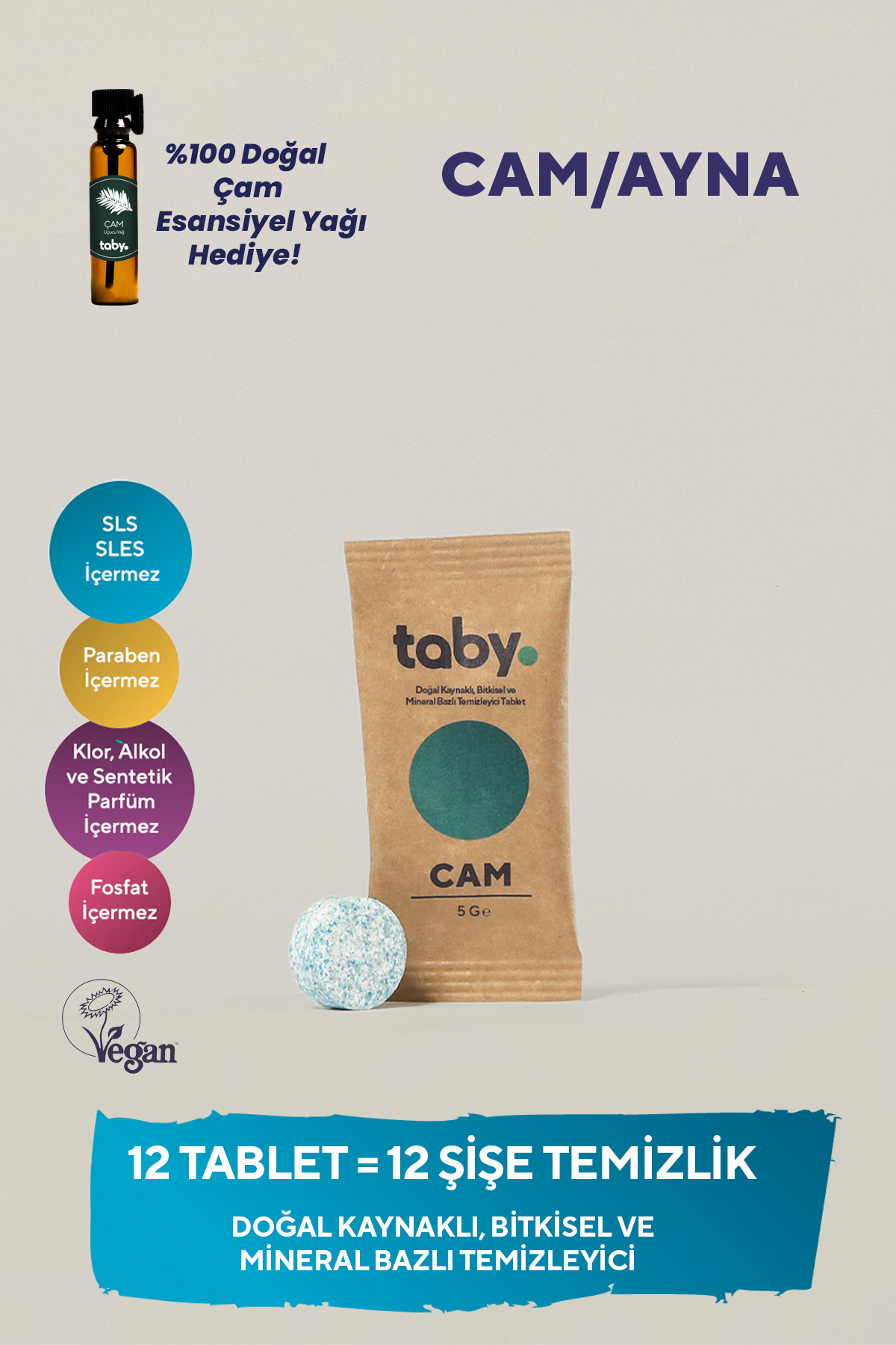 TABY Doğal Kaynaklı Bitkisel ve Mineral Bazlı Cam/Ayna Temizleyici Tablet 12 Tablet