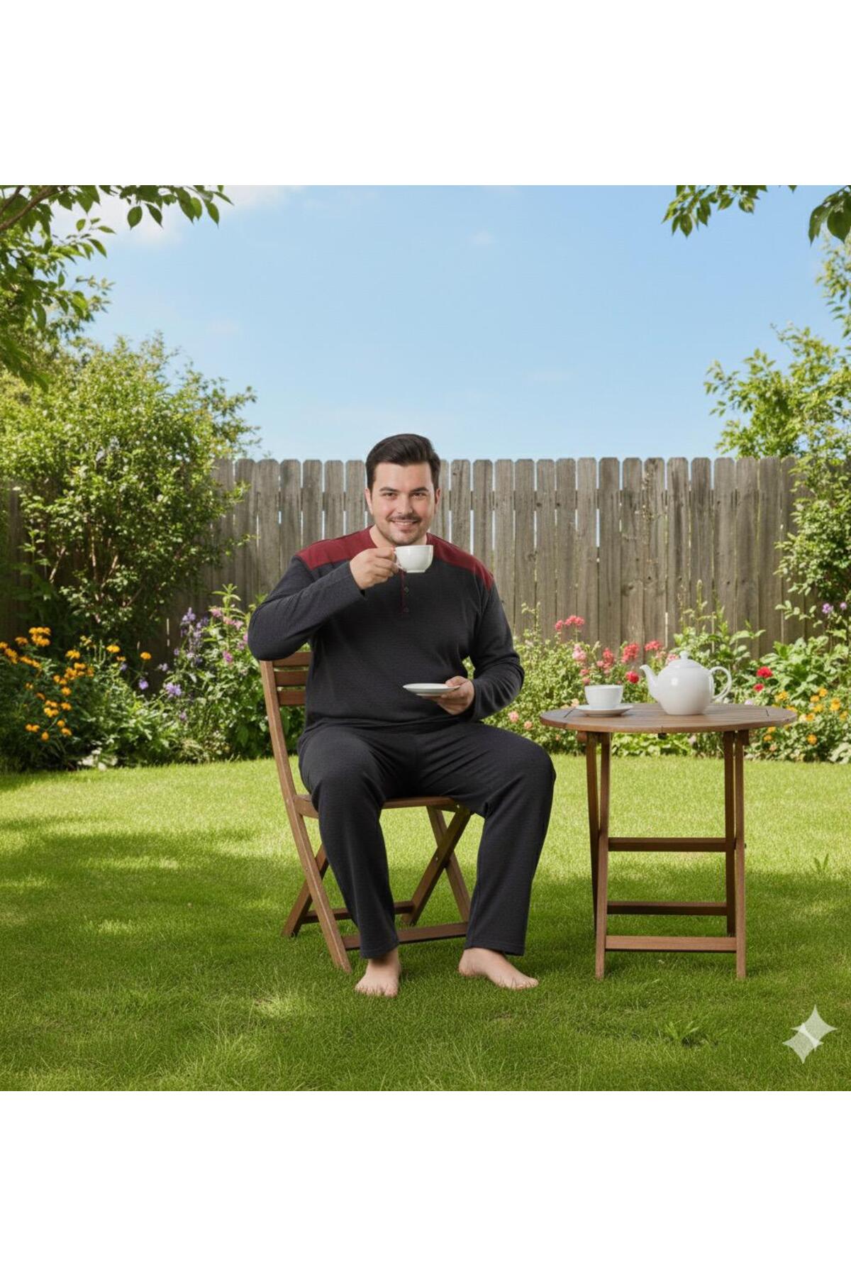 Sude HOMEWEAR Erkek Yarım Pat Düğmeli Uzun Kol Büyük Beden Pijama Takımı görsel 3