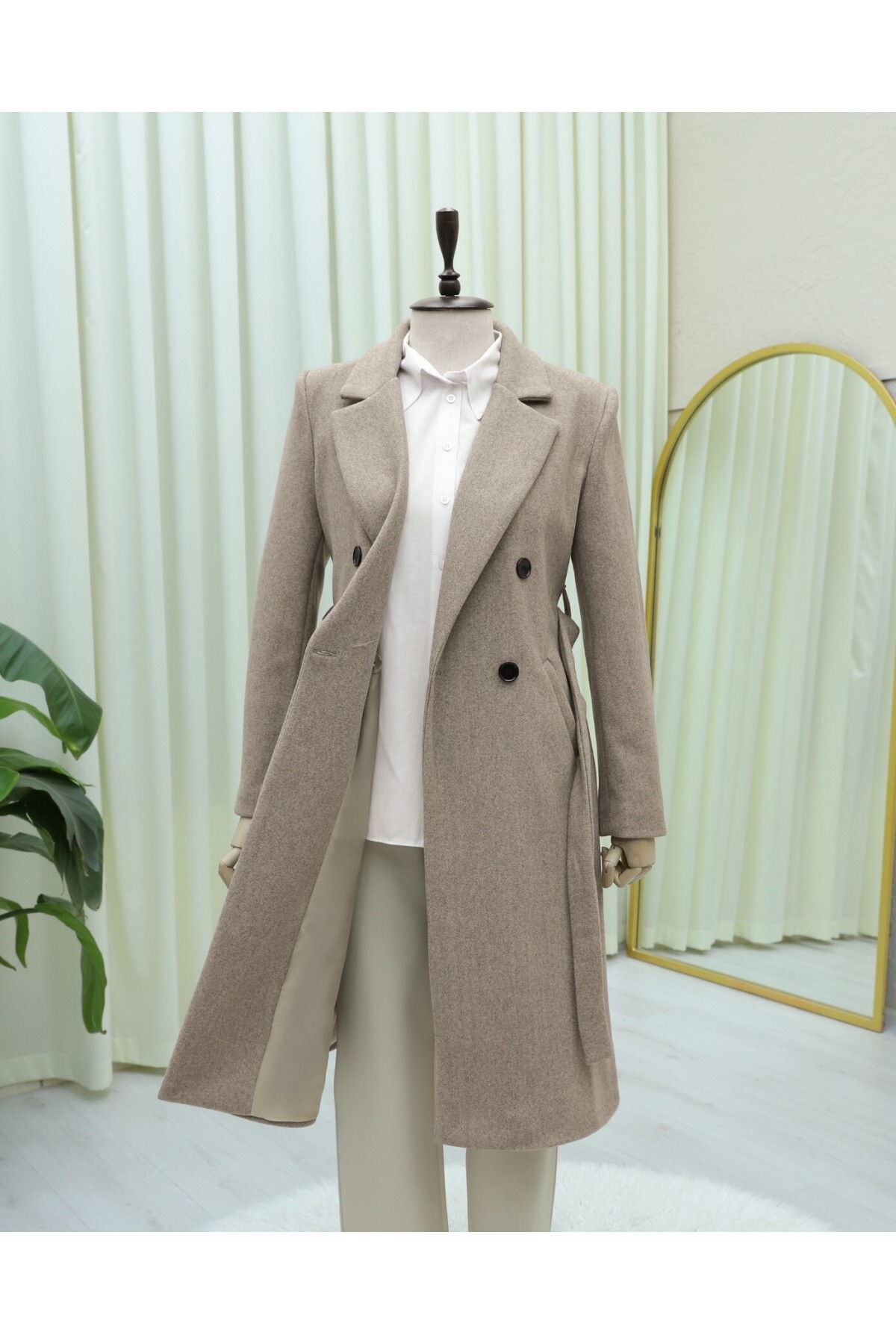 Modamorfo  Tek Düğmeli Cepli Kemerli Astarlı Kaşe Kaban -taş - Görsel 2