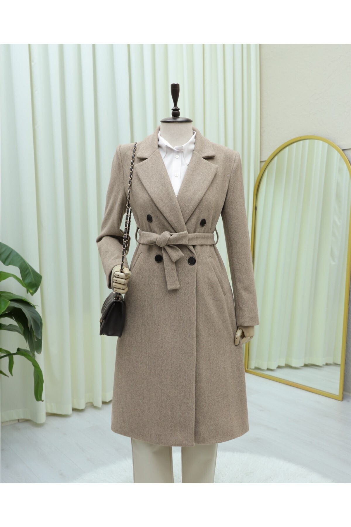 Modamorfo  Tek Düğmeli Cepli Kemerli Astarlı Kaşe Kaban -taş