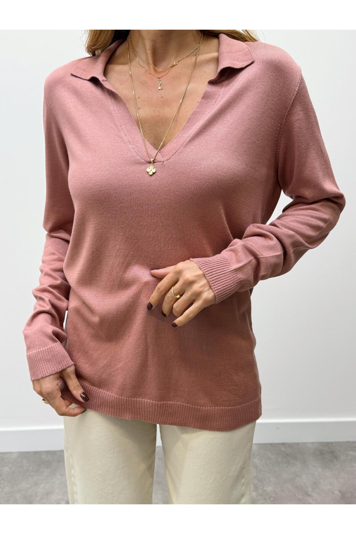 MALDİA SHOP  Kadın Polo Yaka Basic Gül Kurusu Kazak - Görsel 2