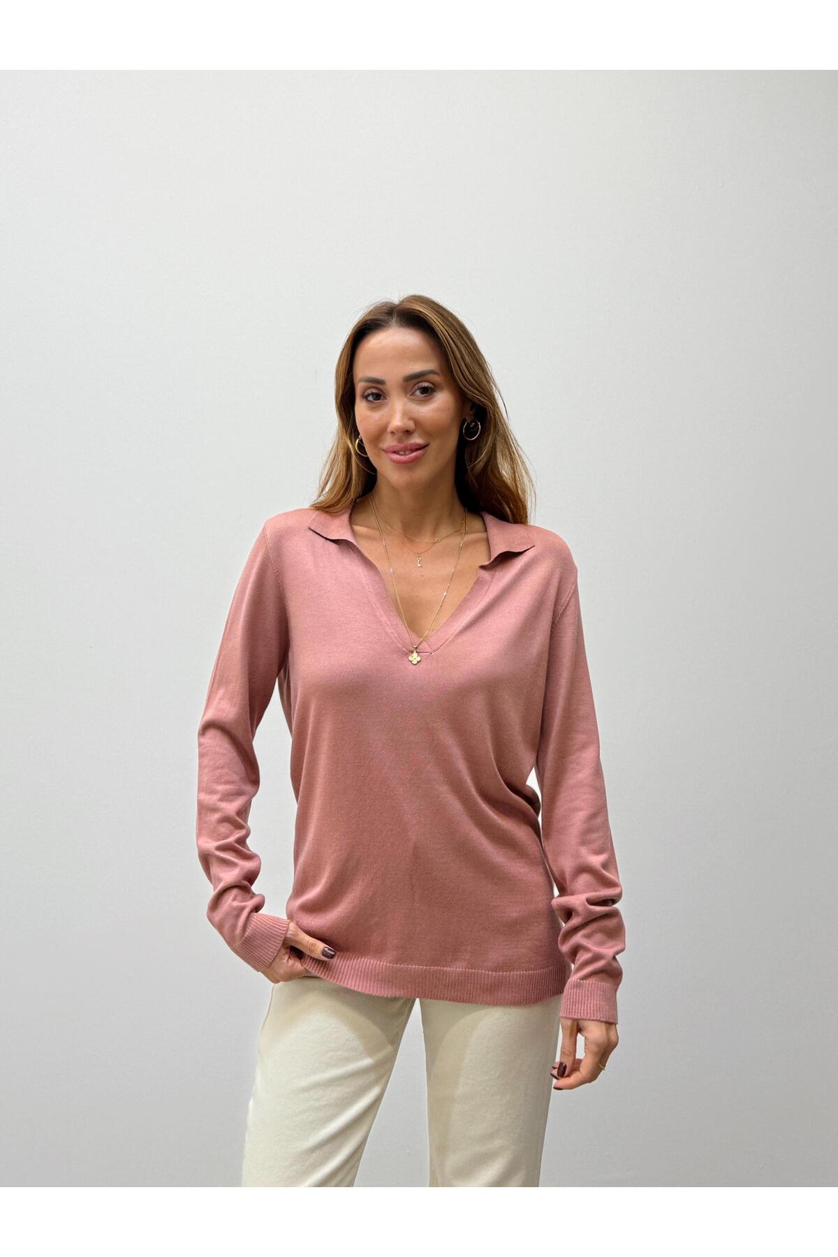 MALDİA SHOP  Kadın Polo Yaka Basic Gül Kurusu Kazak - Görsel 4