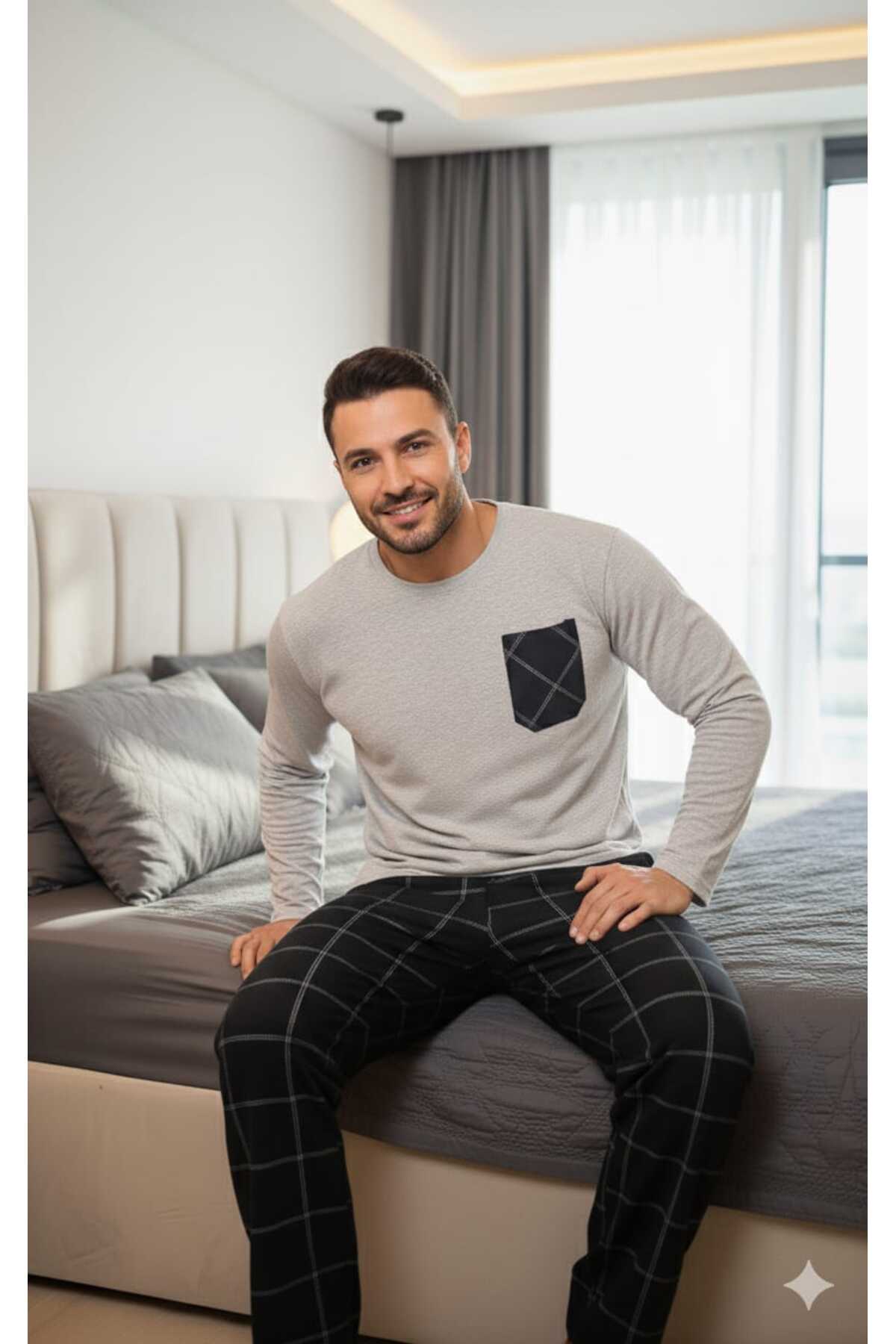 Sude HOMEWEAR Erkek Ekoseli Cepli Uzun Kollu Pijama Takımı görsel 3