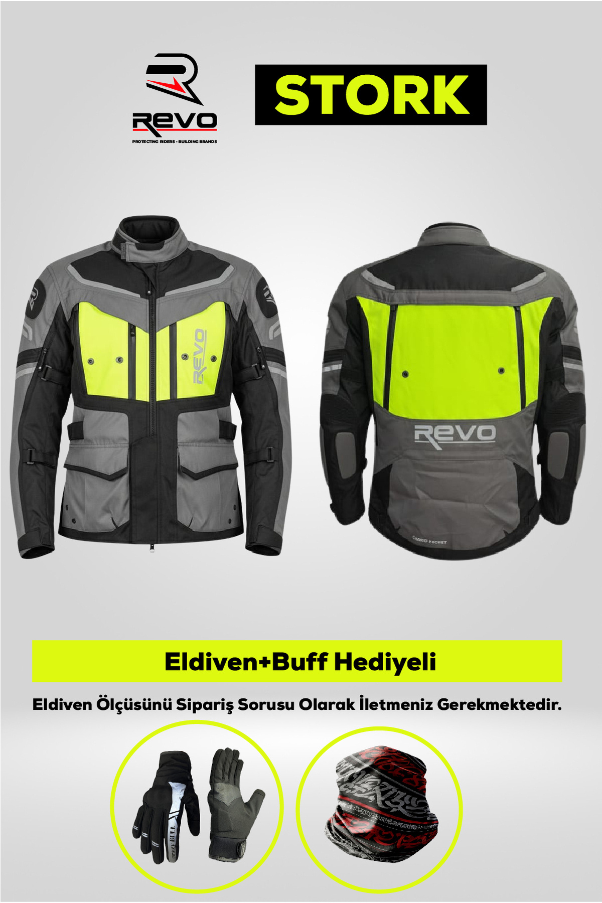 REVO STORK Neon Sarı 4 Mevsim Unisex Motosiklet Montu + ELDİVEN VE BUFF HEDİYELİ