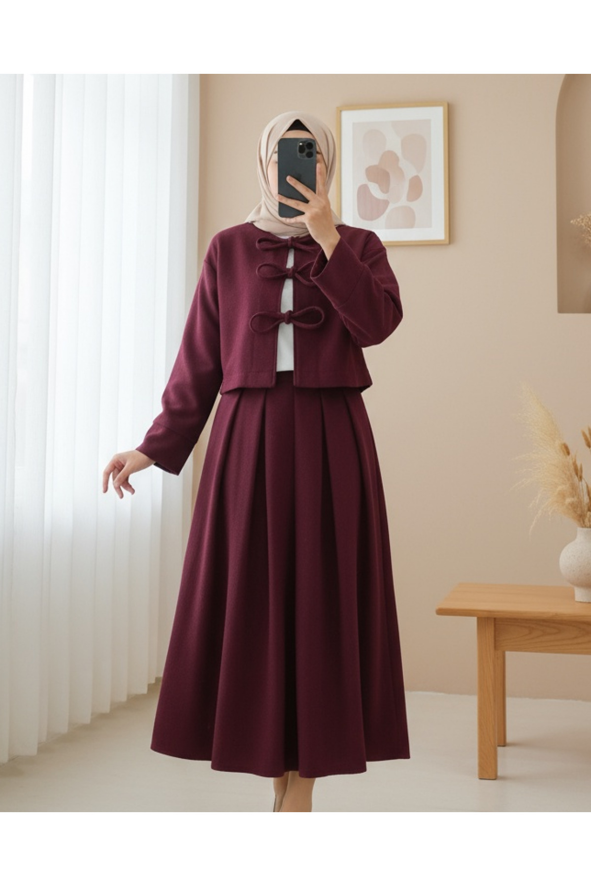 Modamorfo Lace-Up Front Skirted Suit - Burgundy
