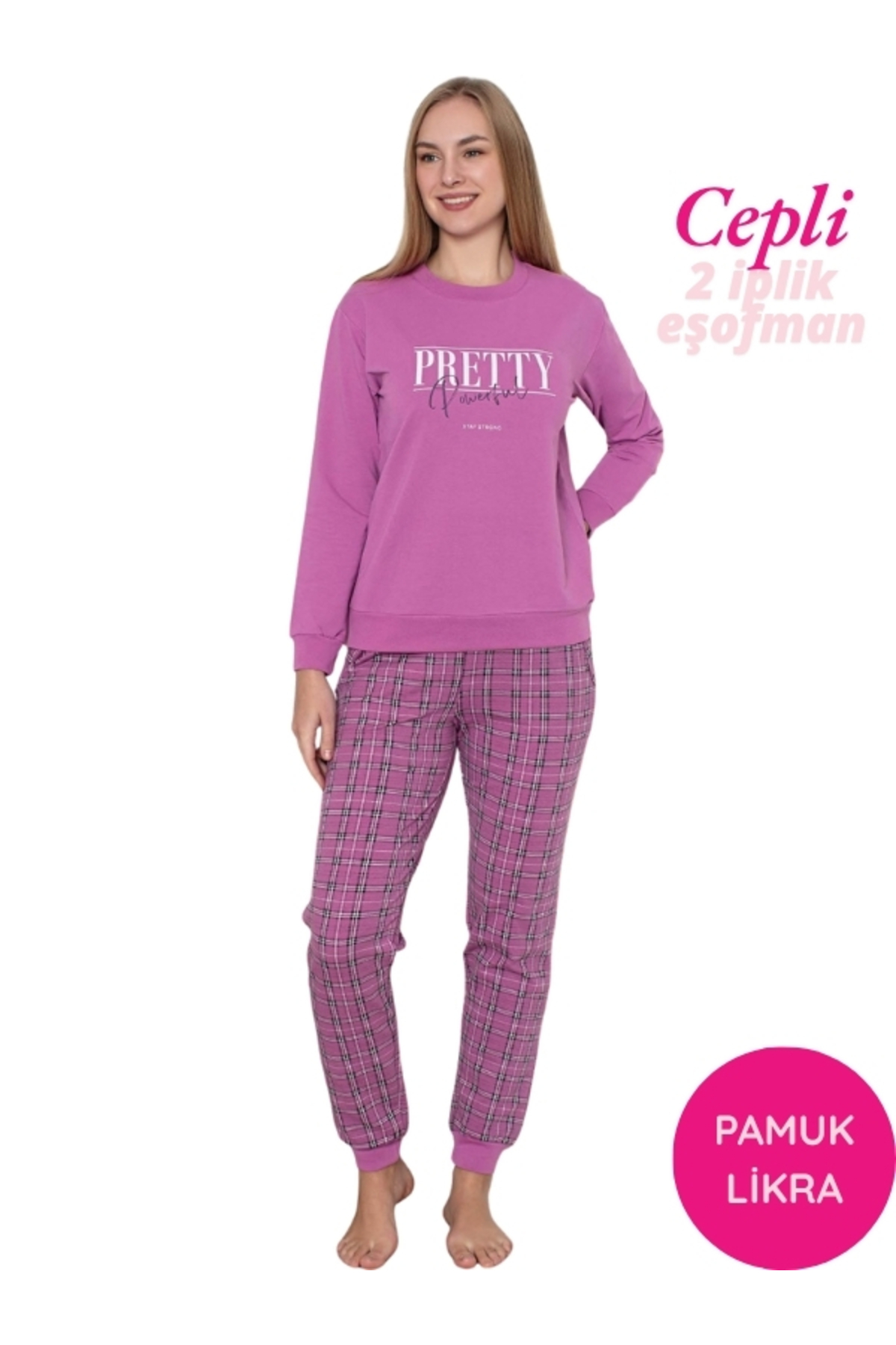Women's Pink Crew Neck Wrist Cuff 2 Yarn Pockets Winter Jogger Tracksuit Pajamas Set Homewear