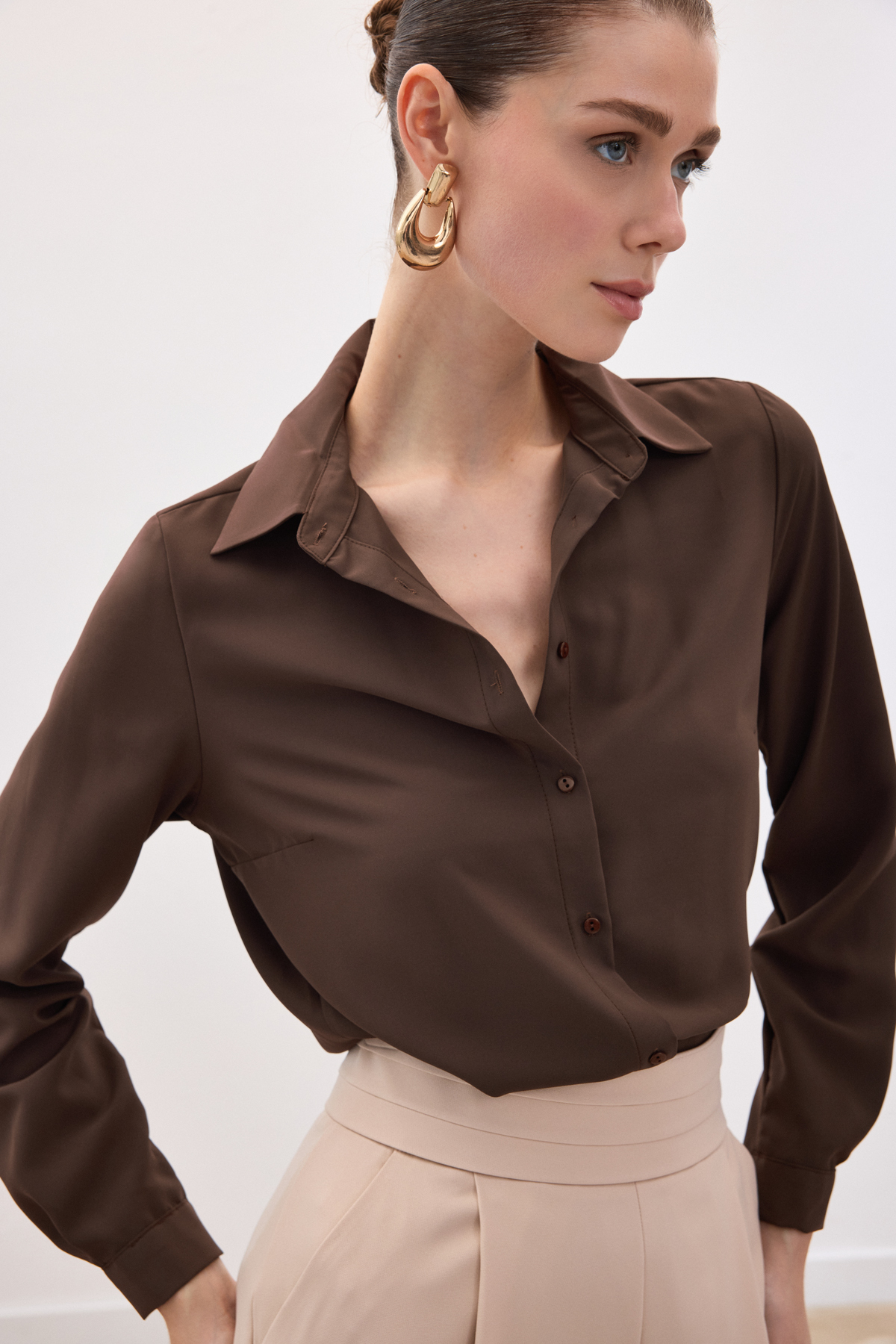 Sateen  Düz Klasik Gömlek - Kahve - Görsel 7