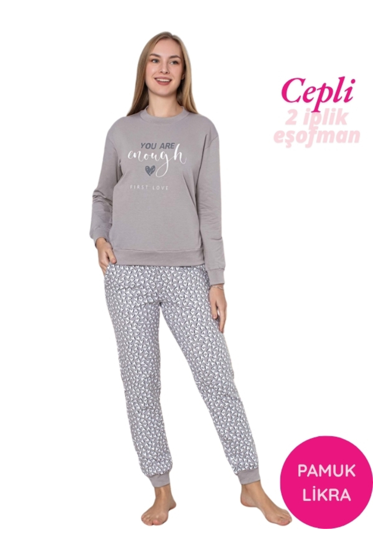 Gray Heart Crew Neck Wrist Cuffed 2 Yarn Pockets Winter Jogger Pajamas Set Homewear