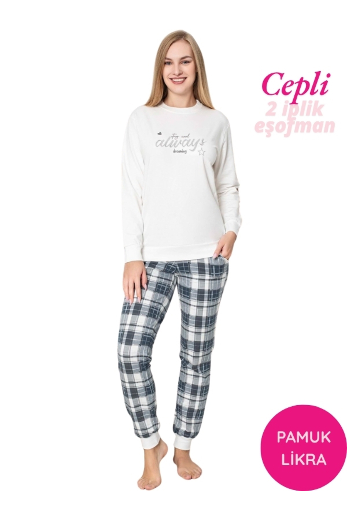 Women's White Crew Neck Wrist Cuff 2 Yarn Pockets Winter Jogger Tracksuit Pajamas Set Homewear