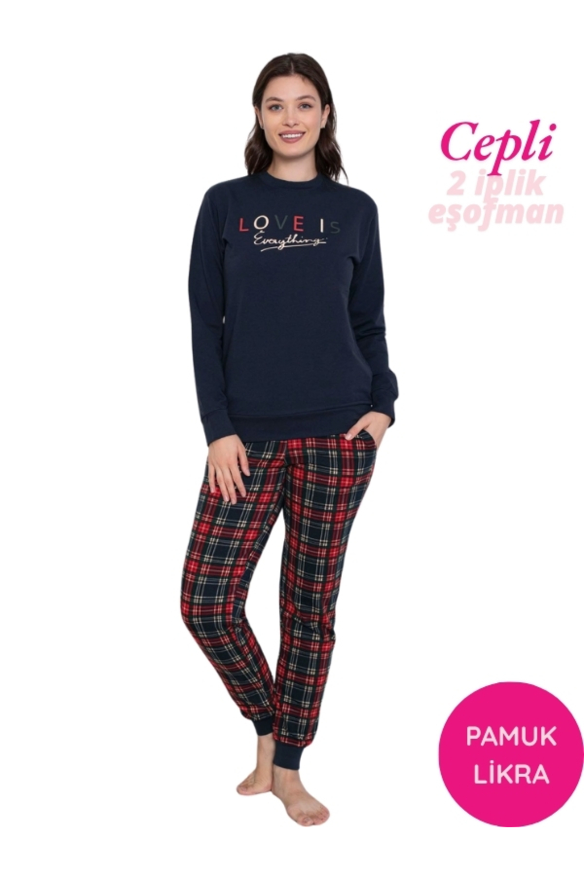Women's Navy Blue Crew Neck Wrist Cuff 2 Yarn Pockets Winter Jogger Tracksuit Pajamas Set Homewear