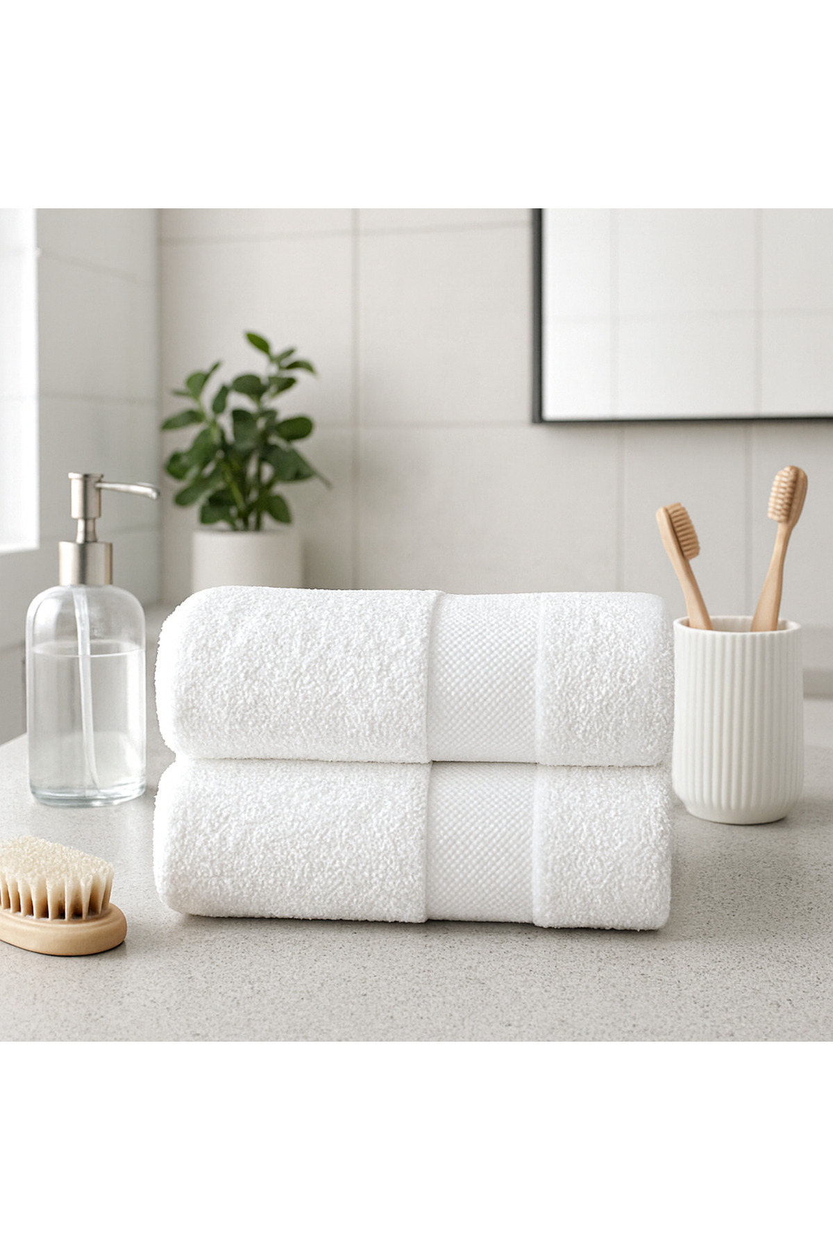2-Piece Point Border White Head-Hand Towel Set 60x130 Cm