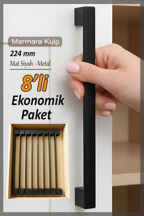 GLASWEN 8 Adet Marmara Kulp 224 mm Siyah Mutfak Kulpu Çekmece Dolap Kapak Kul...