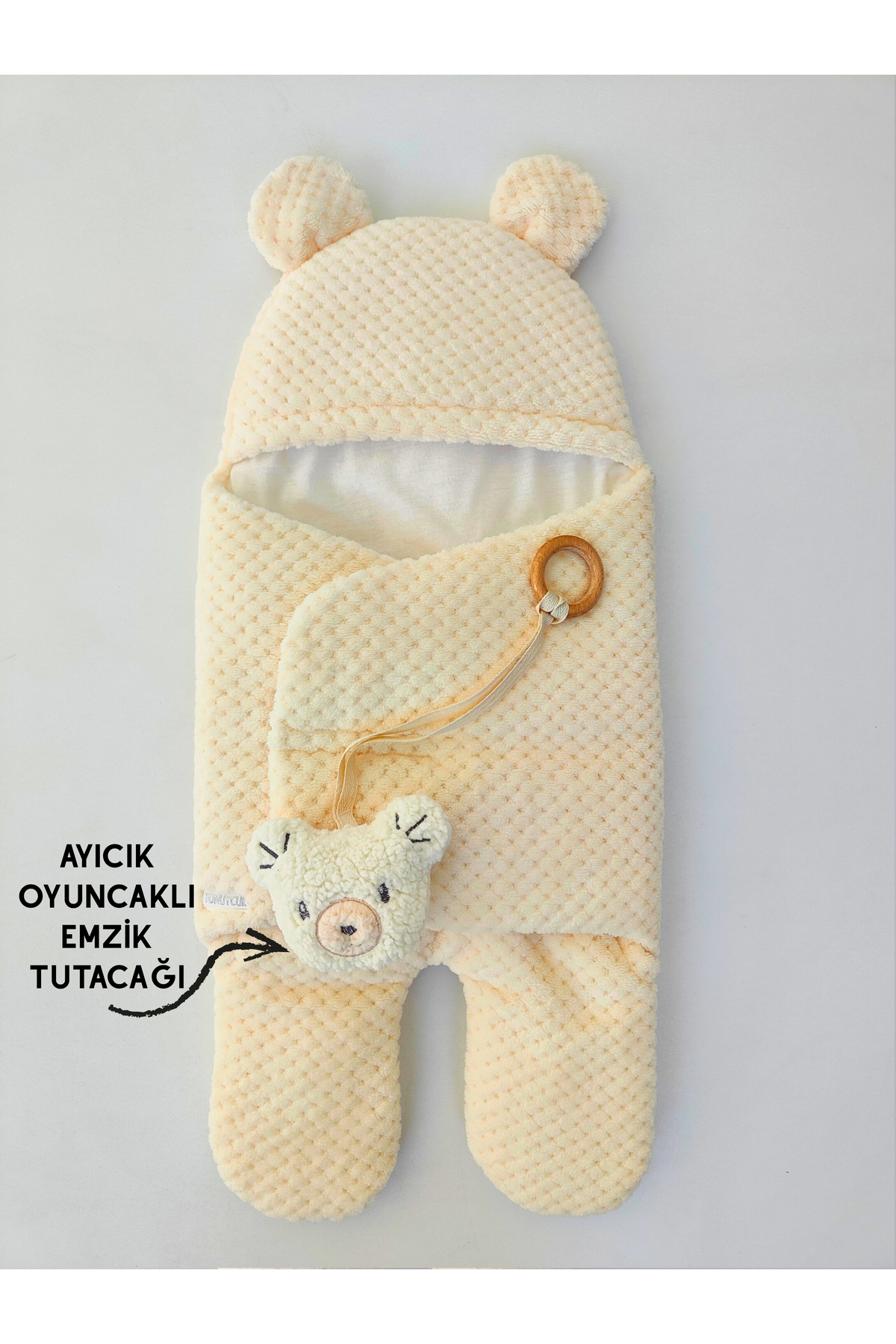 Tomuycuk %100 Pamuklu Ekstra Yumuşak Kışlık Bebek Battaniyesi Kundağı Oyuncaklı Ayıcık Kulaklı Uyku Tulumu fotoğrafı 2 (önizleme)