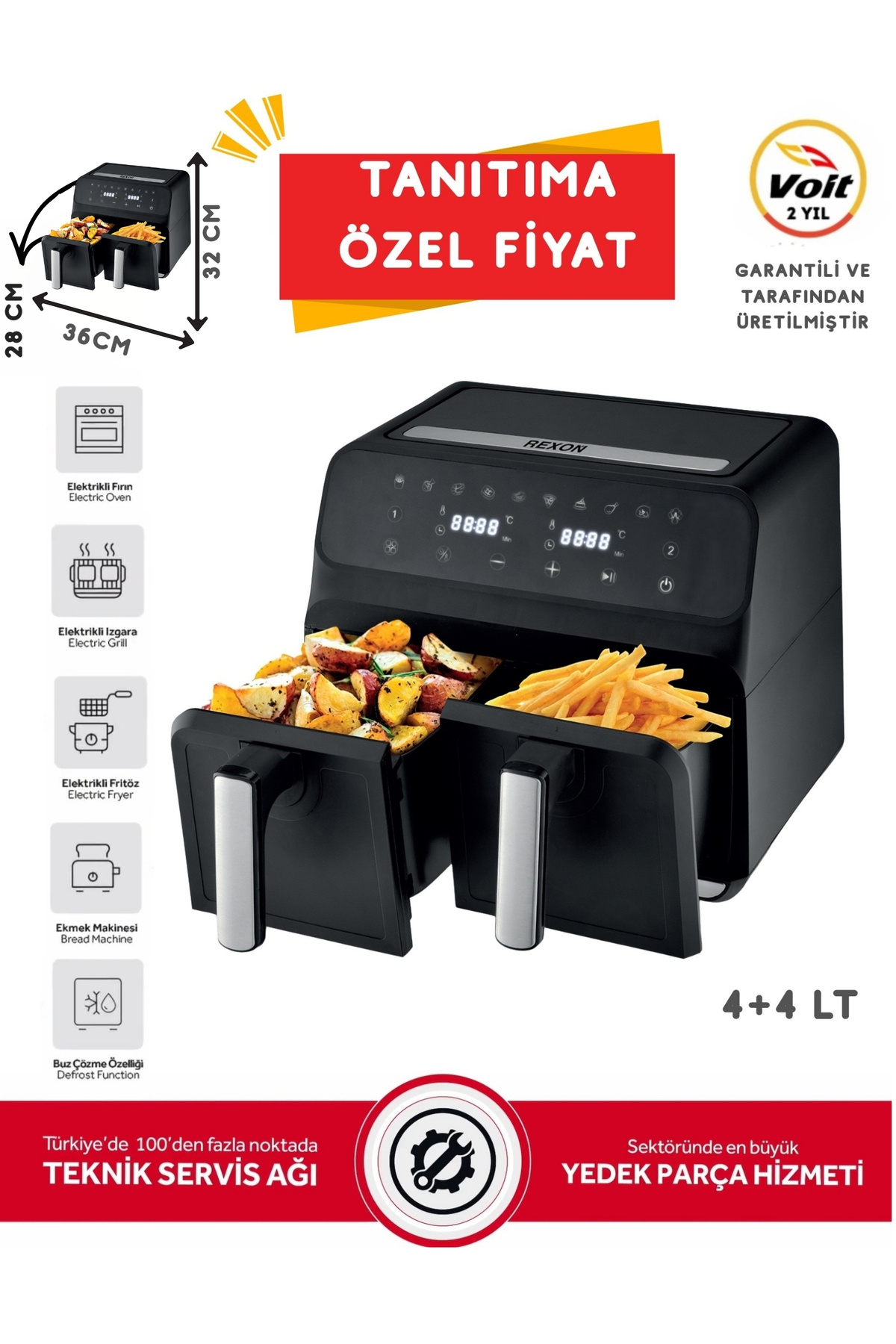 Rexon Airfryer Yağsız Fritöz XL 4+4 8 Litre Dijital Ayrı Çift Hazneli Akıllı Pişirme Geniş Hacim Siyah