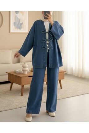 Modamorfo Önü Bağlamalı Cepli Pantolonlu Kot Kimono Takım -Koyu Mavi