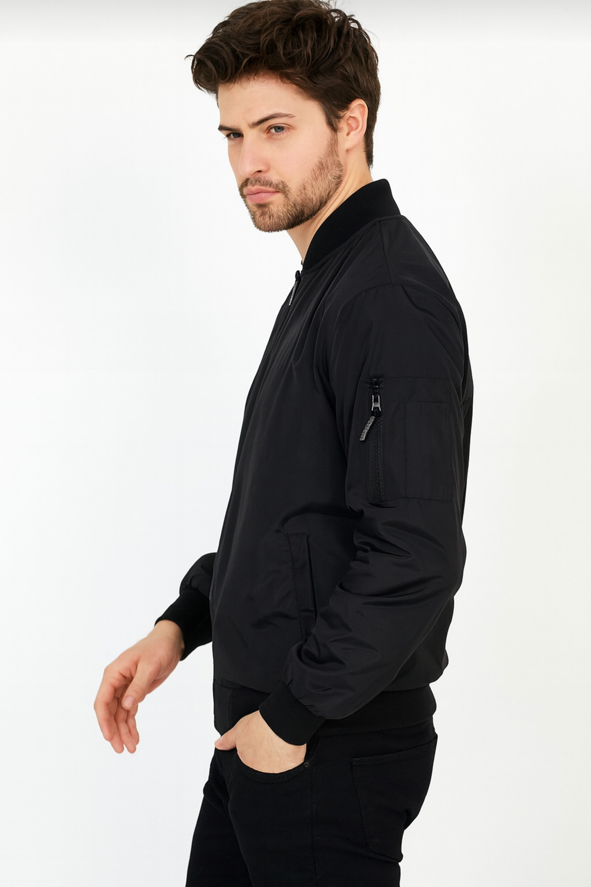 بادگیر و کت بارانی مردانه مشکی Zip-Up College — مشکی E0210-18 — تصویر 2 از 4