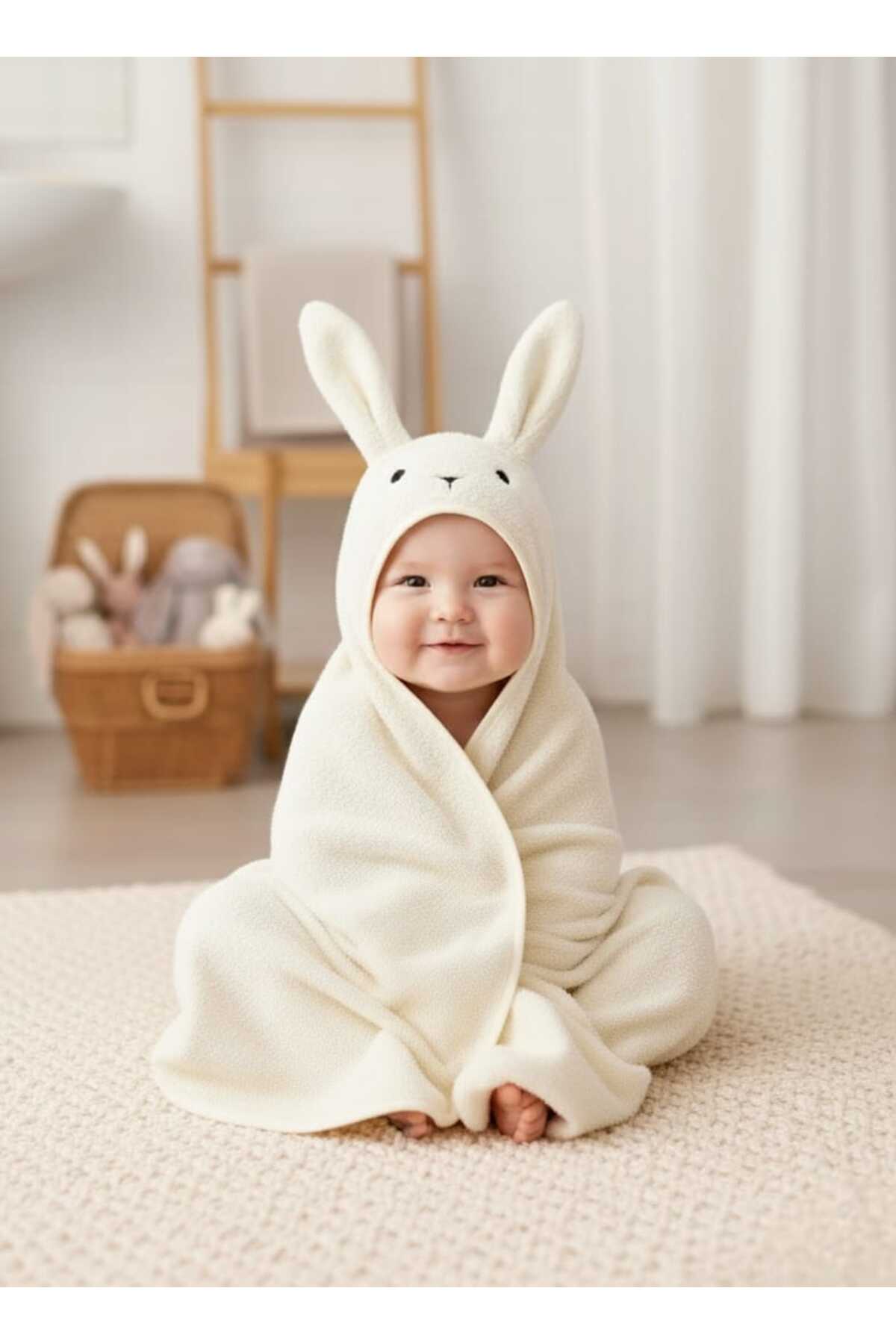 Alpar Tekstil %100 pamuklu Yumuşacık kız-erkek Yenidoğan-bebek Banyo Havlu Kundak krem/Tavşan fotoğrafı 2 (önizleme)