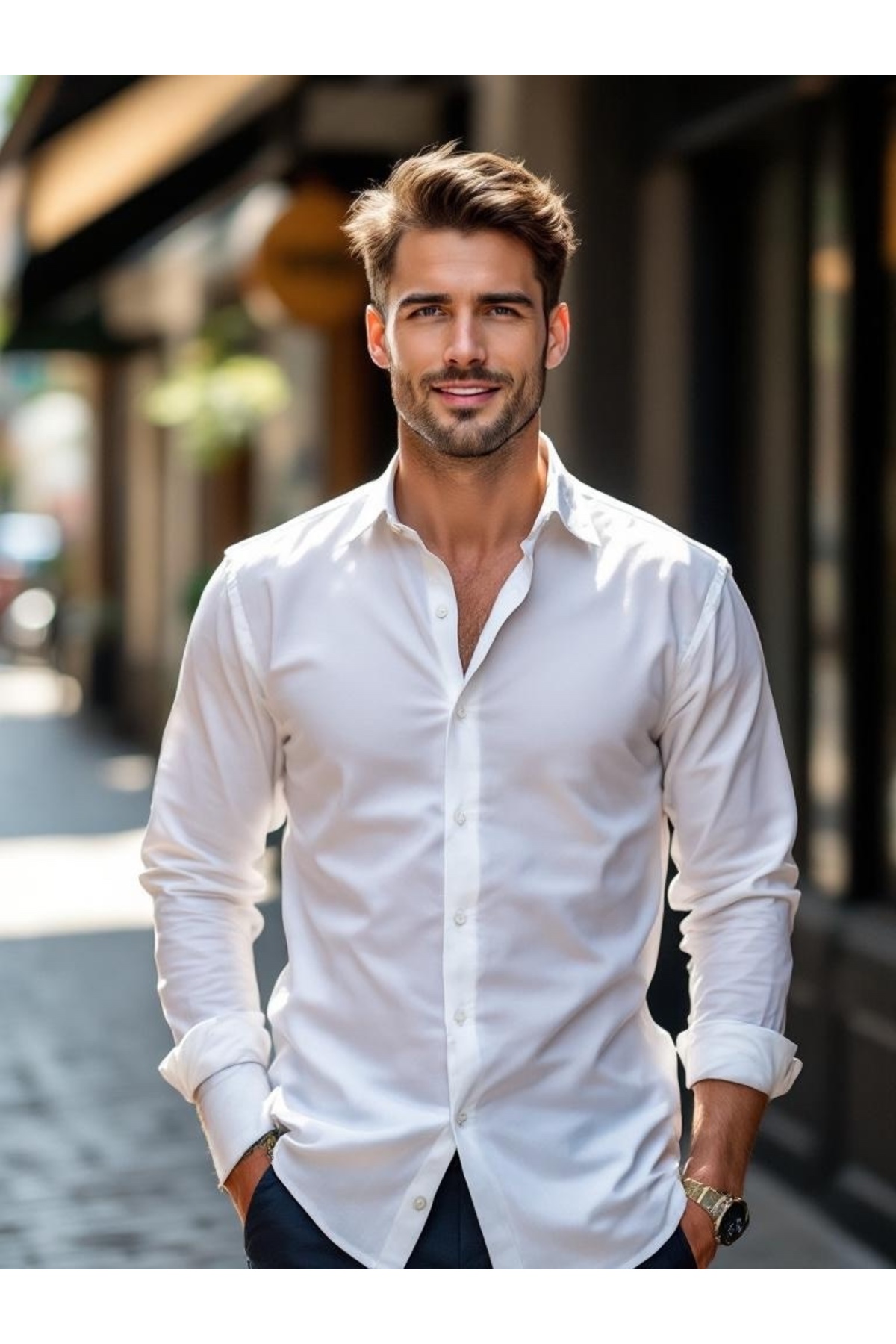 FİLİNTA AHMET  Slimfit Beyaz Erkek Gömlek - Kol Düğmesi Hediyeli.