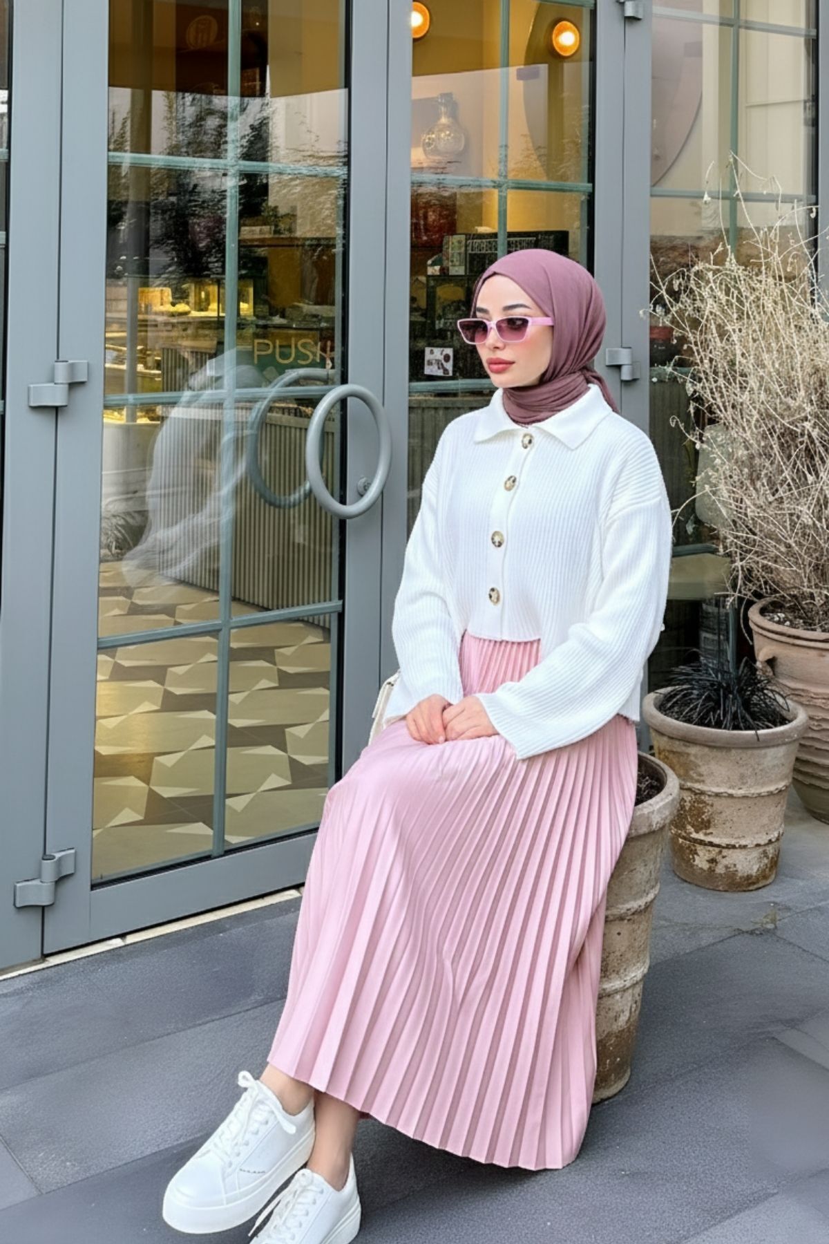 comstar  Kadın Basic Yüksek Bel Piliseli Bol Pembe Uzun Etek - Görsel 5