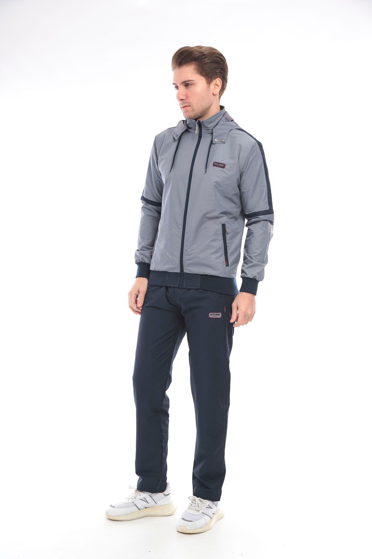Twill Penye Kumaş Çıkma Kapüşonlu Erkek Spor Eşofman Takımı 4351 — خاکستری — تصویر 3 از 9