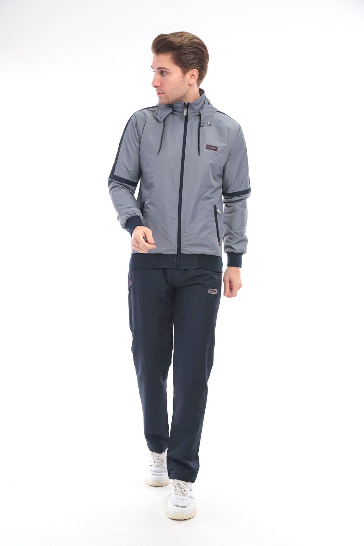 Twill Penye Kumaş Çıkma Kapüşonlu Erkek Spor Eşofman Takımı 4351 — خاکستری