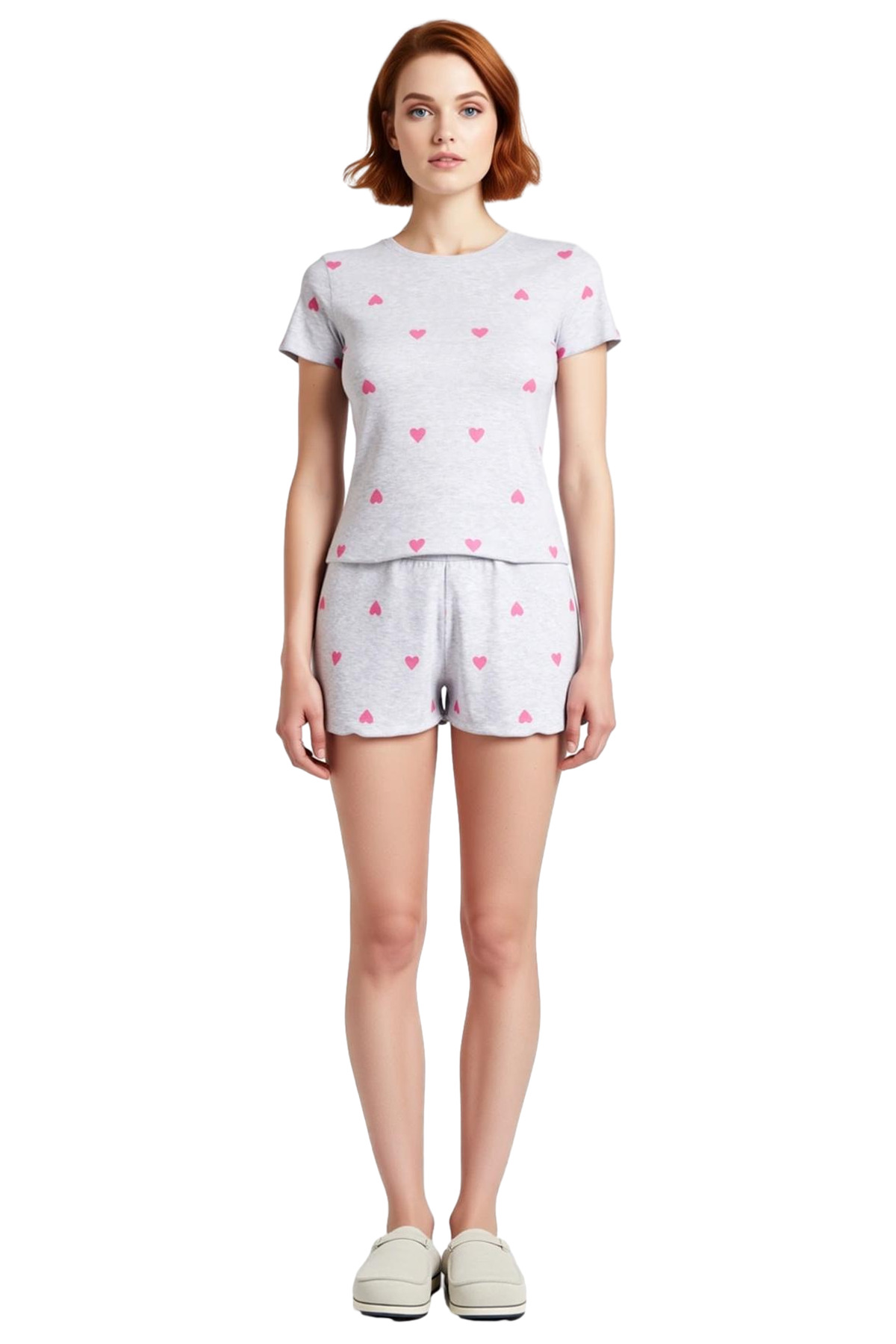 Kadın Kalpli Pijama Takımı Kısa Kollu Regular Kalıp Yazlık Rahat Özenle Seçilmiş