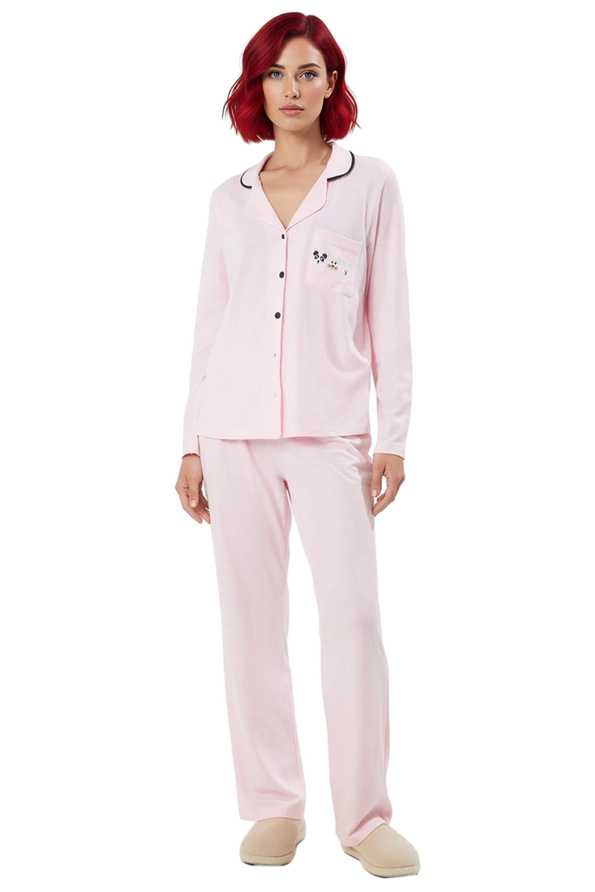 Kadın Pamuklu Örme Pijama Takımı Uzun Kollu Regular Kalıp Boru Paça Ev Giyim Trend Tasarım