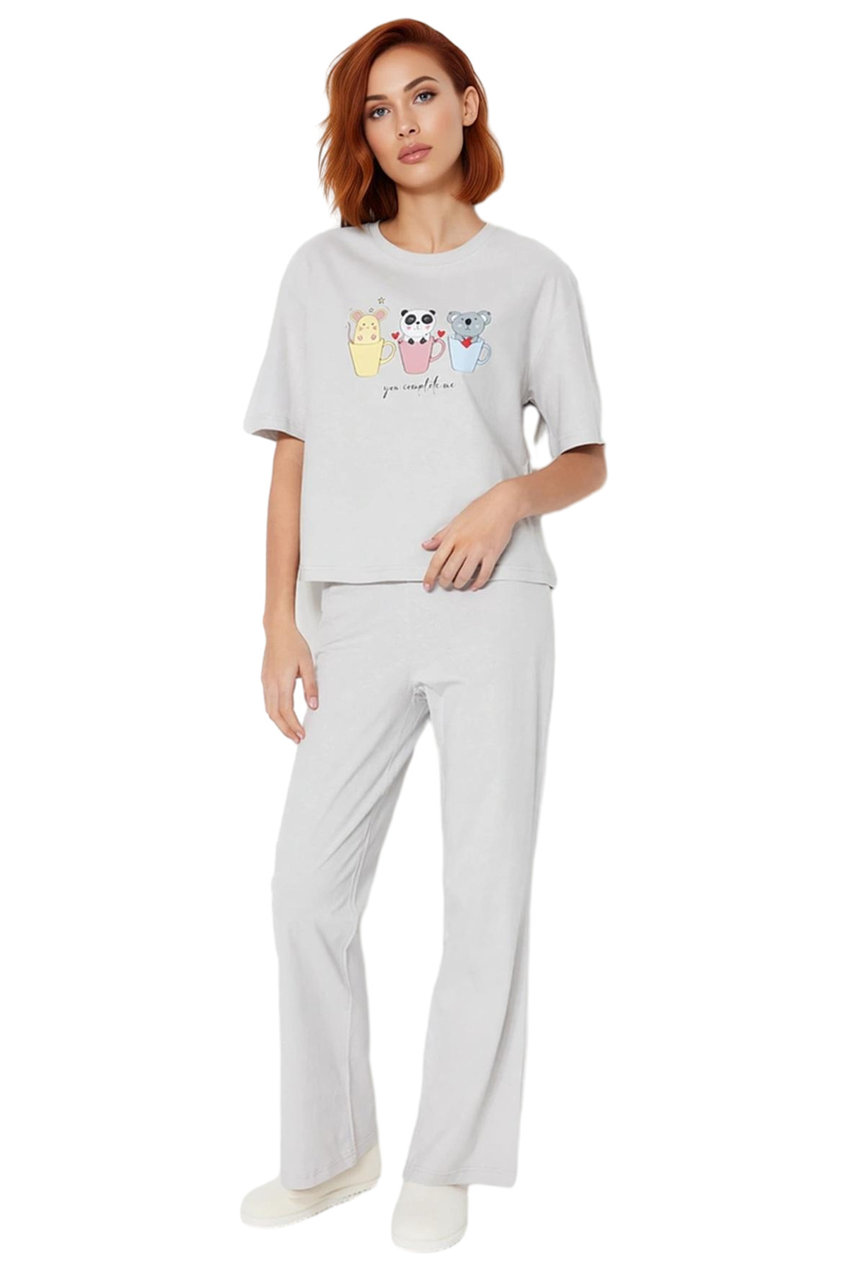 Kadın Pamuklu Rahat Baskılı Pijama Takımı Kısa Kollu Tişört Pantolon Kullanım Ve Şık