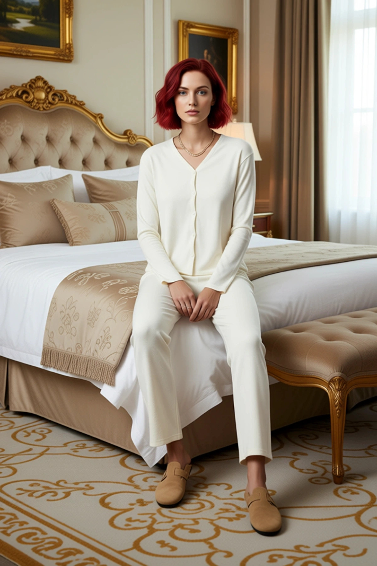 Kadın Kaşkorse Örme Pijama Takımı Kış Mevsimi İçin Rahat Uyku Günlük Kullanım