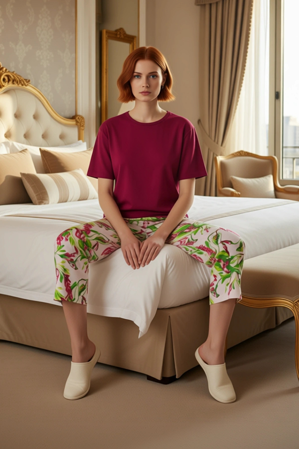 Kadın Çiçekli Pijama Takımı Rahat Pamuklu Örme Kumaş Trend Tasarım Yüksek Kalite Modern Stil