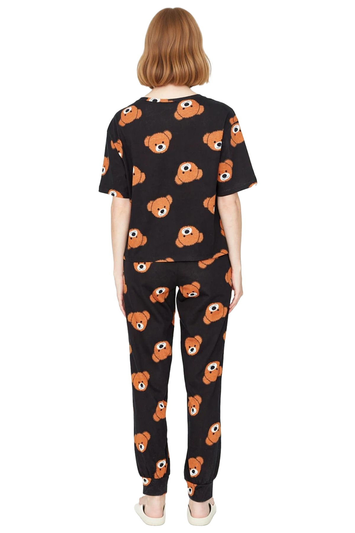 Kadın Ayıcıklı %100 Pamuklu Pijama Takımı Rahat Boru Paça Lounge Giyim Yüksek Kalite